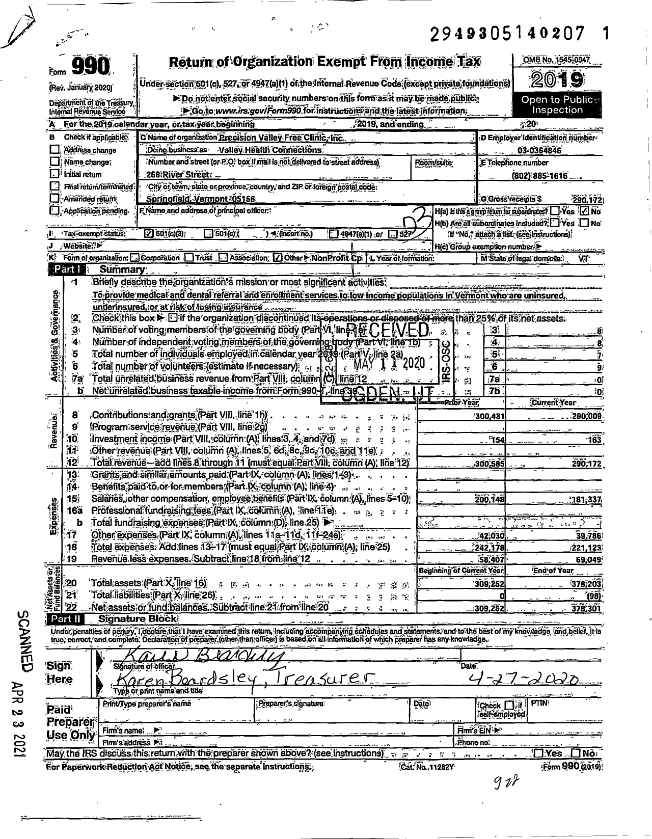 Image of first page of 2019 Form 990 for Valley Health Connections