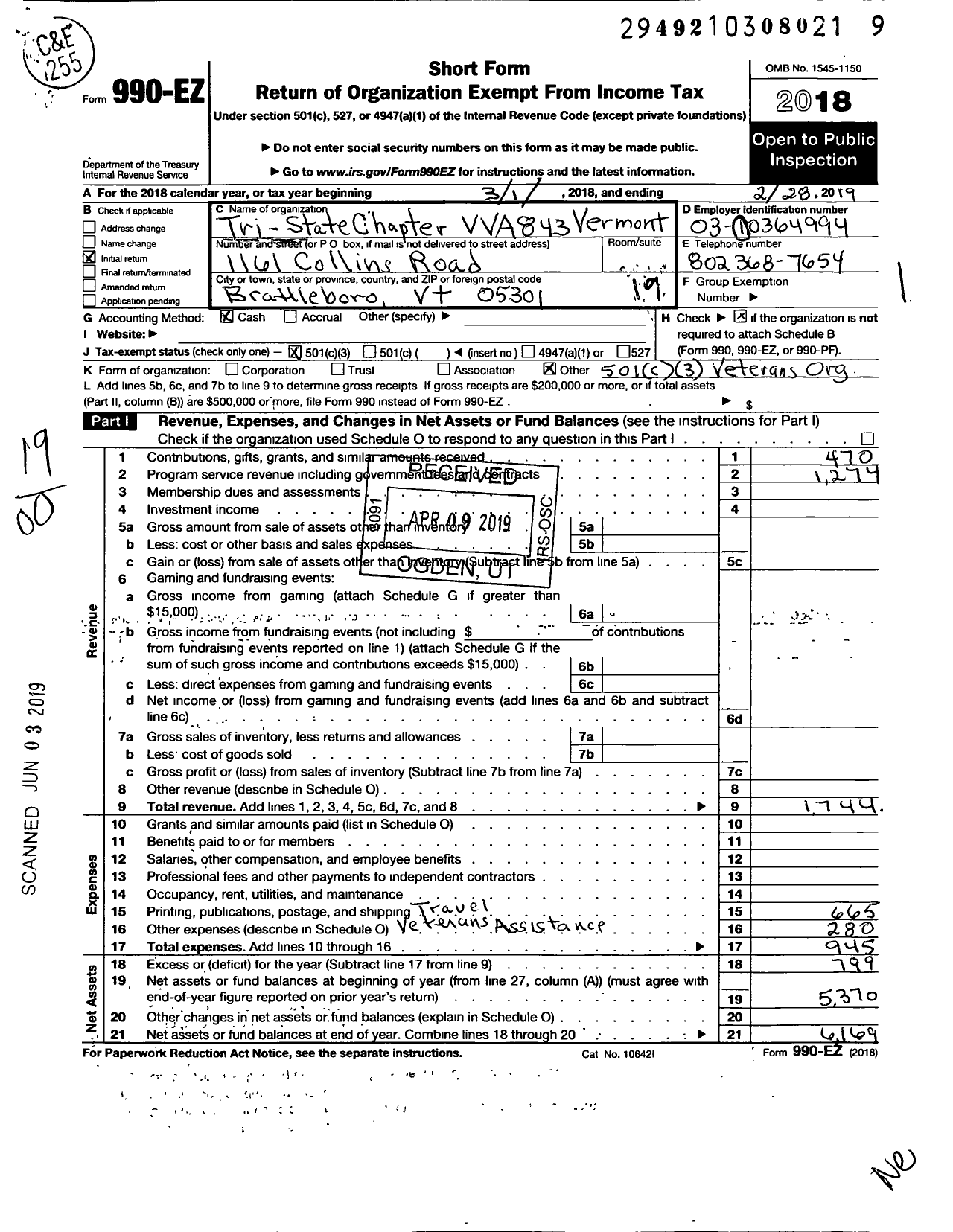 Image of first page of 2018 Form 990EO for Vietnam Veterans of America - 843 Chapter