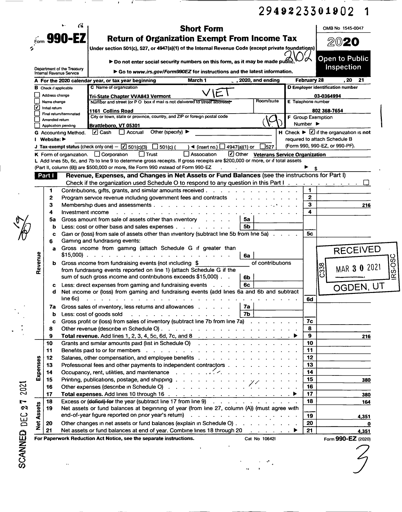 Image of first page of 2020 Form 990EO for Vietnam Veterans of America - 843 Chapter