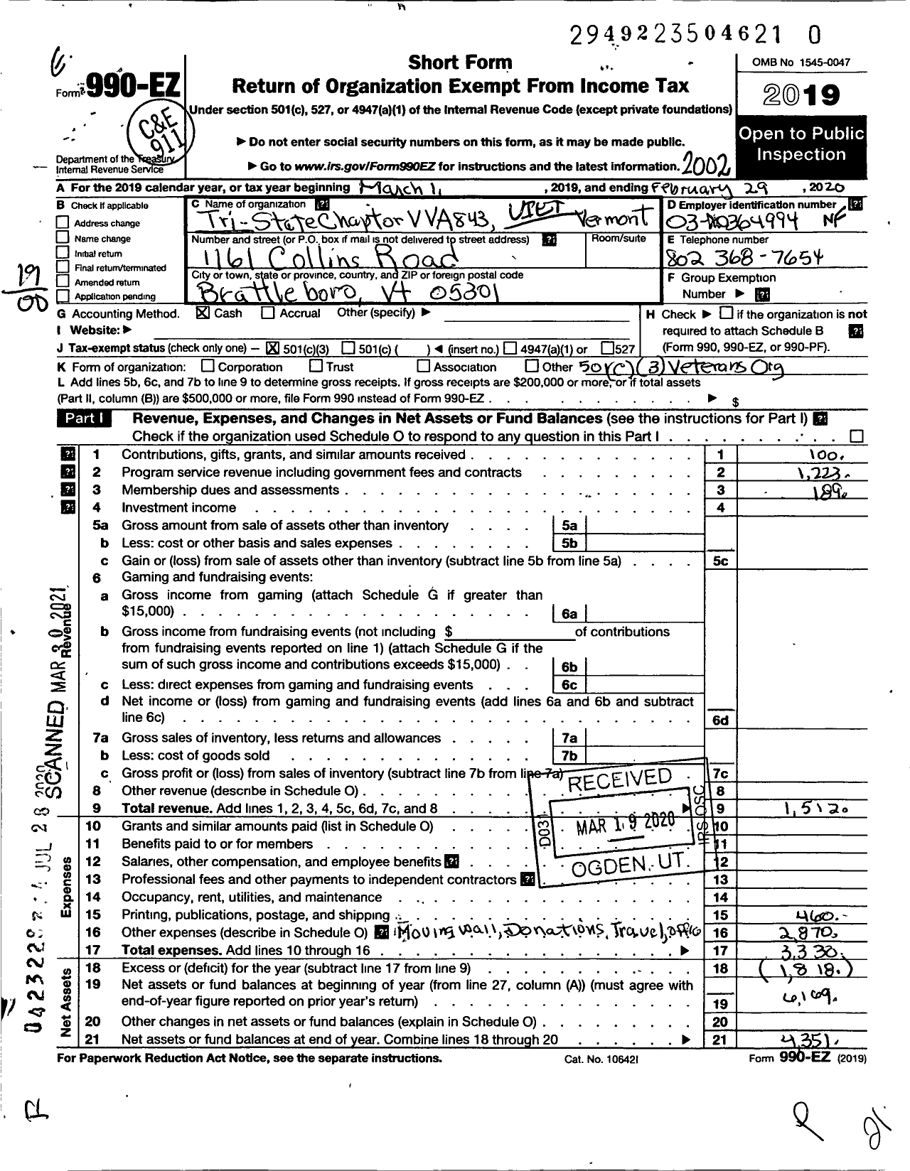 Image of first page of 2019 Form 990EO for Vietnam Veterans of America - 843 Chapter