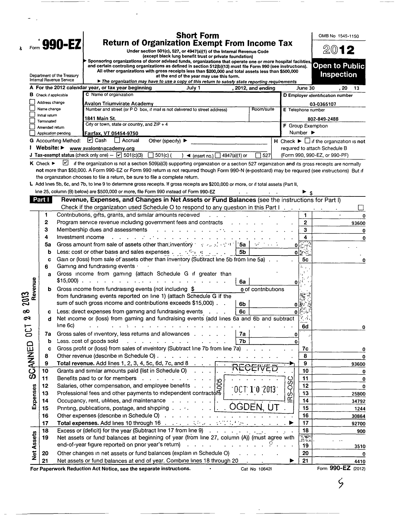 Image of first page of 2012 Form 990EZ for Avalon Triumvirate Academy