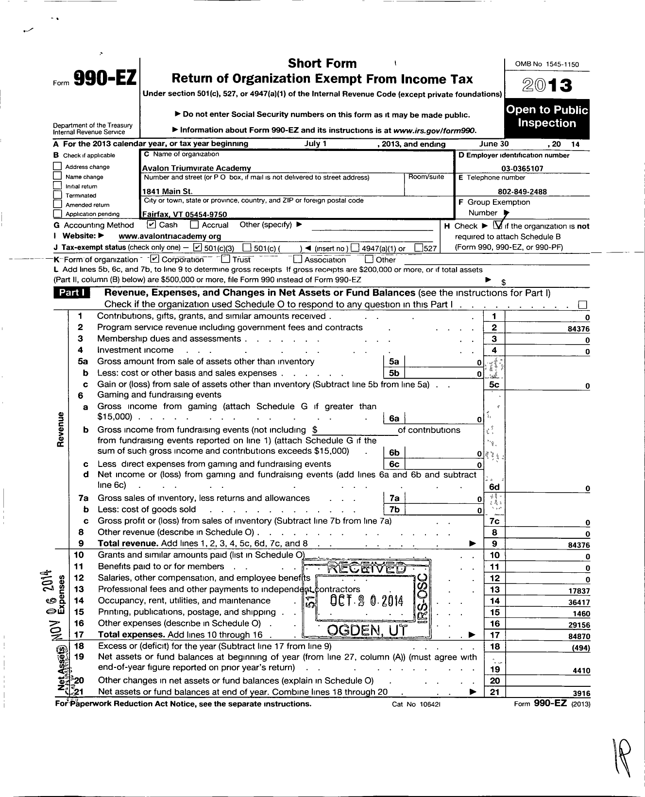 Image of first page of 2013 Form 990EZ for Avalon Triumvirate Academy