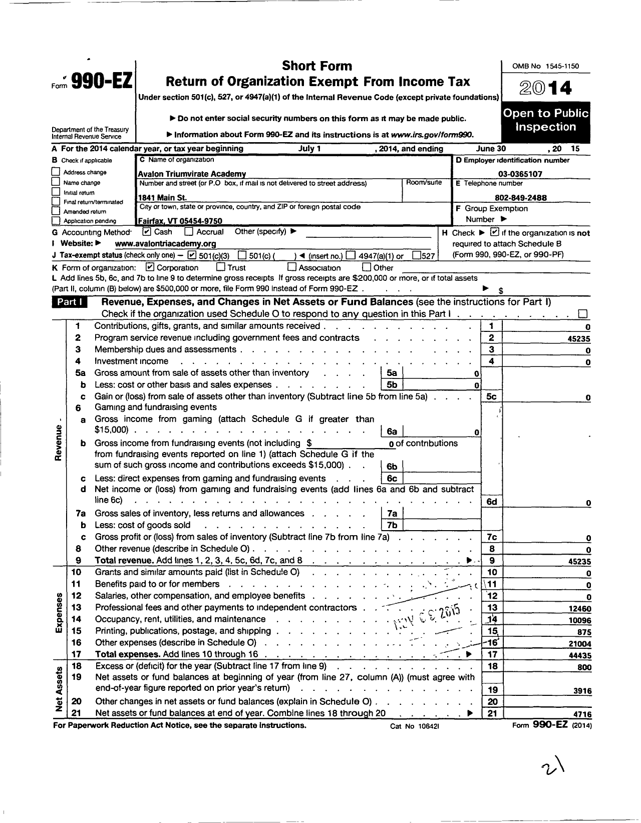 Image of first page of 2014 Form 990EZ for Avalon Triumvirate Academy