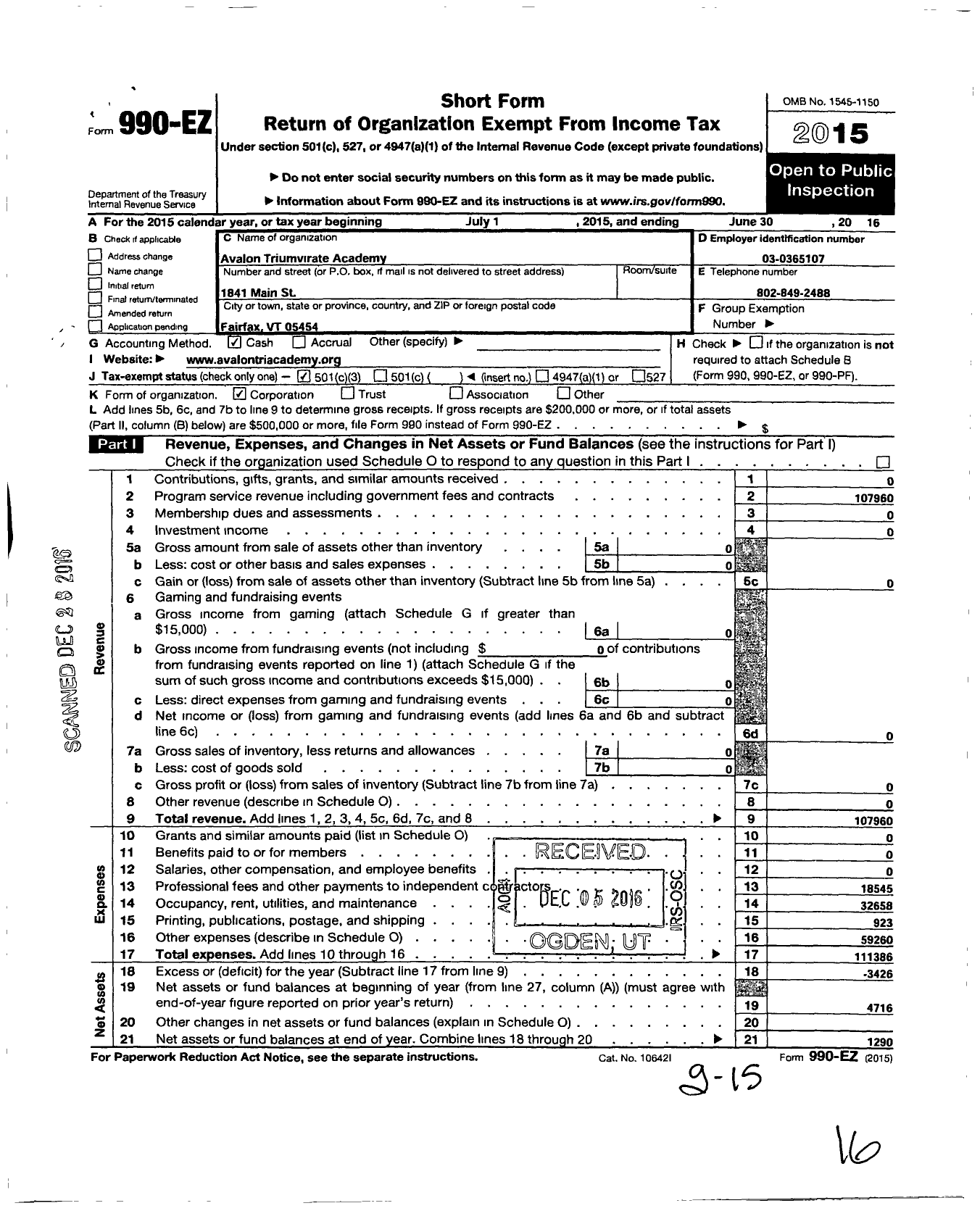 Image of first page of 2015 Form 990EZ for Avalon Triumvirate Academy