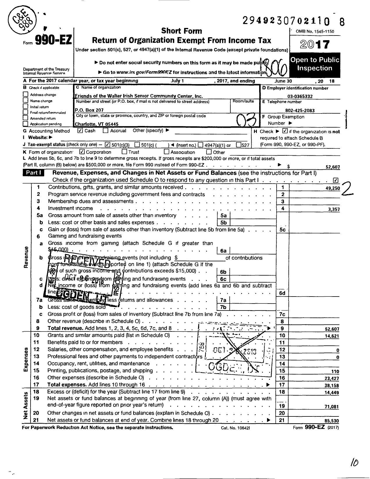 Image of first page of 2017 Form 990EZ for Friends of the Walter Irish Senior Community Center