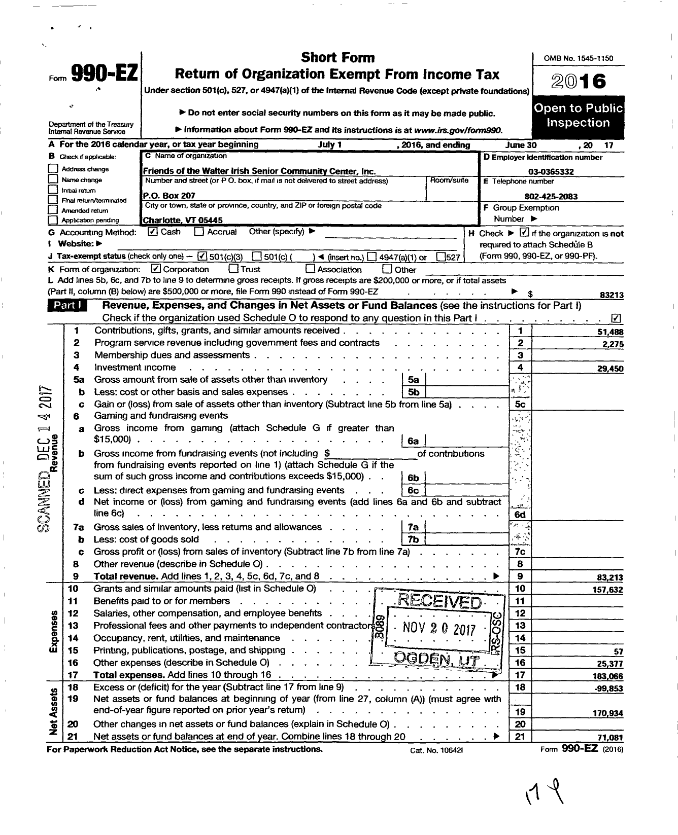 Image of first page of 2016 Form 990EZ for Friends of the Walter Irish Senior Community Center