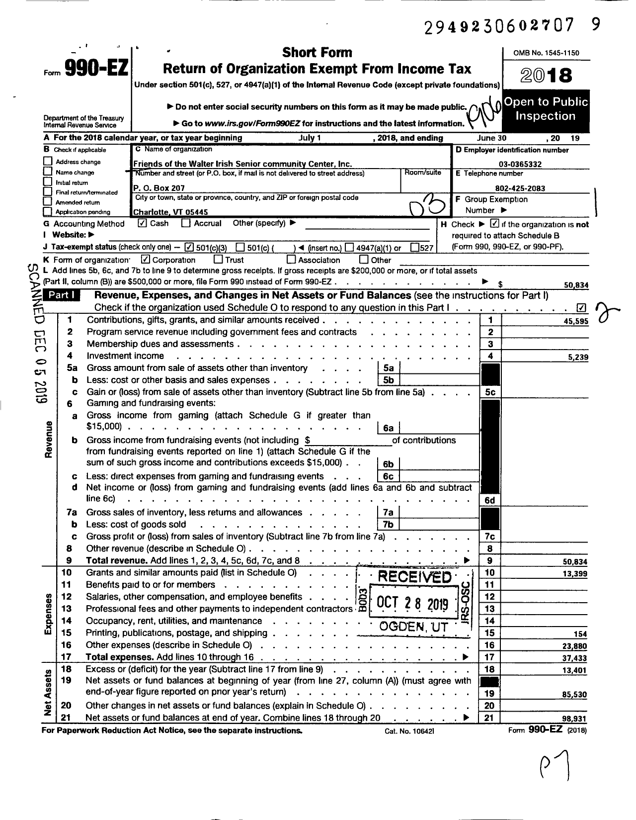 Image of first page of 2018 Form 990EZ for Friends of the Walter Irish Senior Community Center