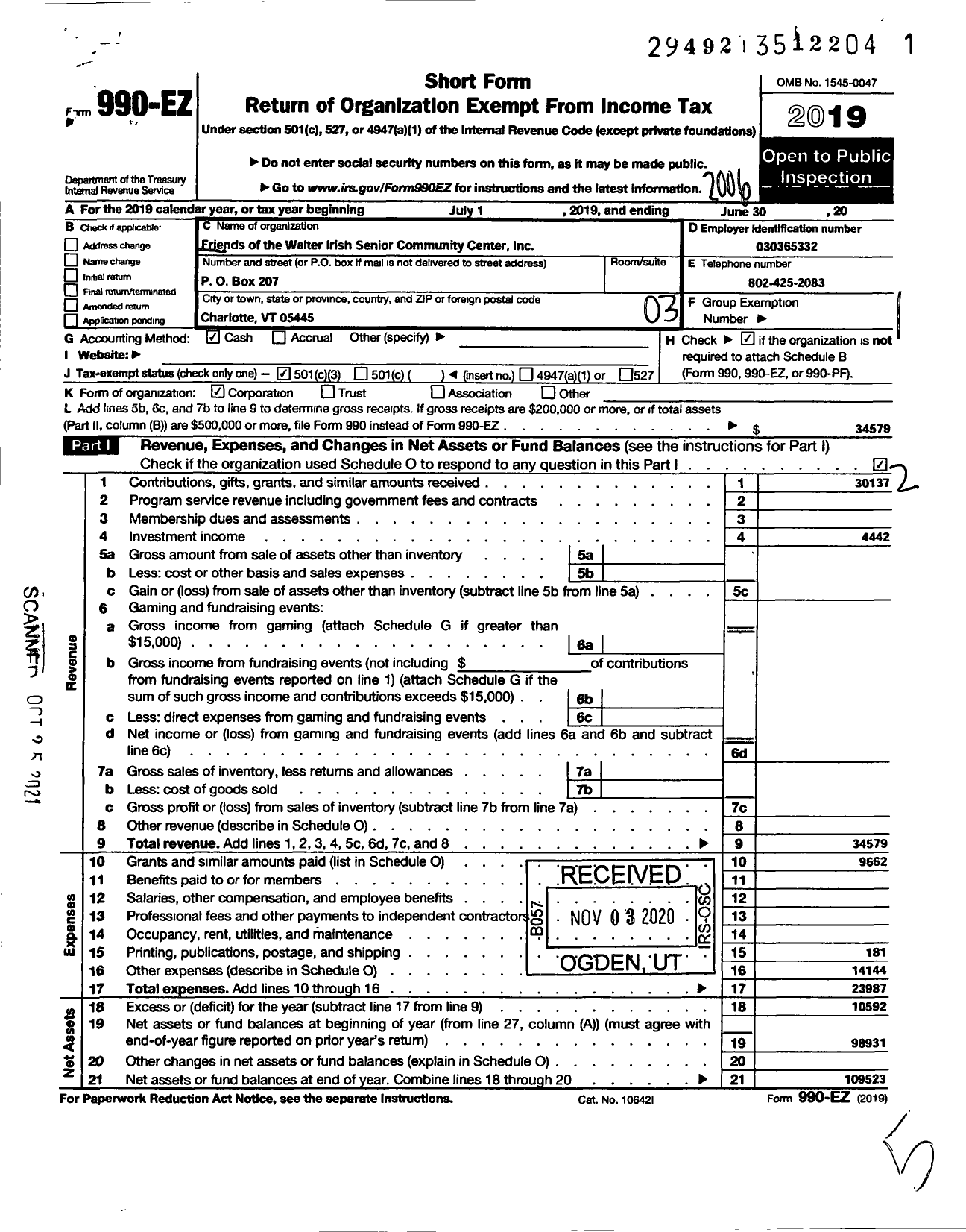 Image of first page of 2019 Form 990EZ for Friends of the Walter Irish Senior Community Center