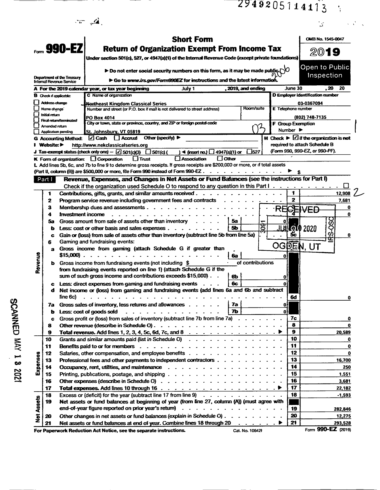 Image of first page of 2019 Form 990EZ for Northeast Kingdom Classical Series