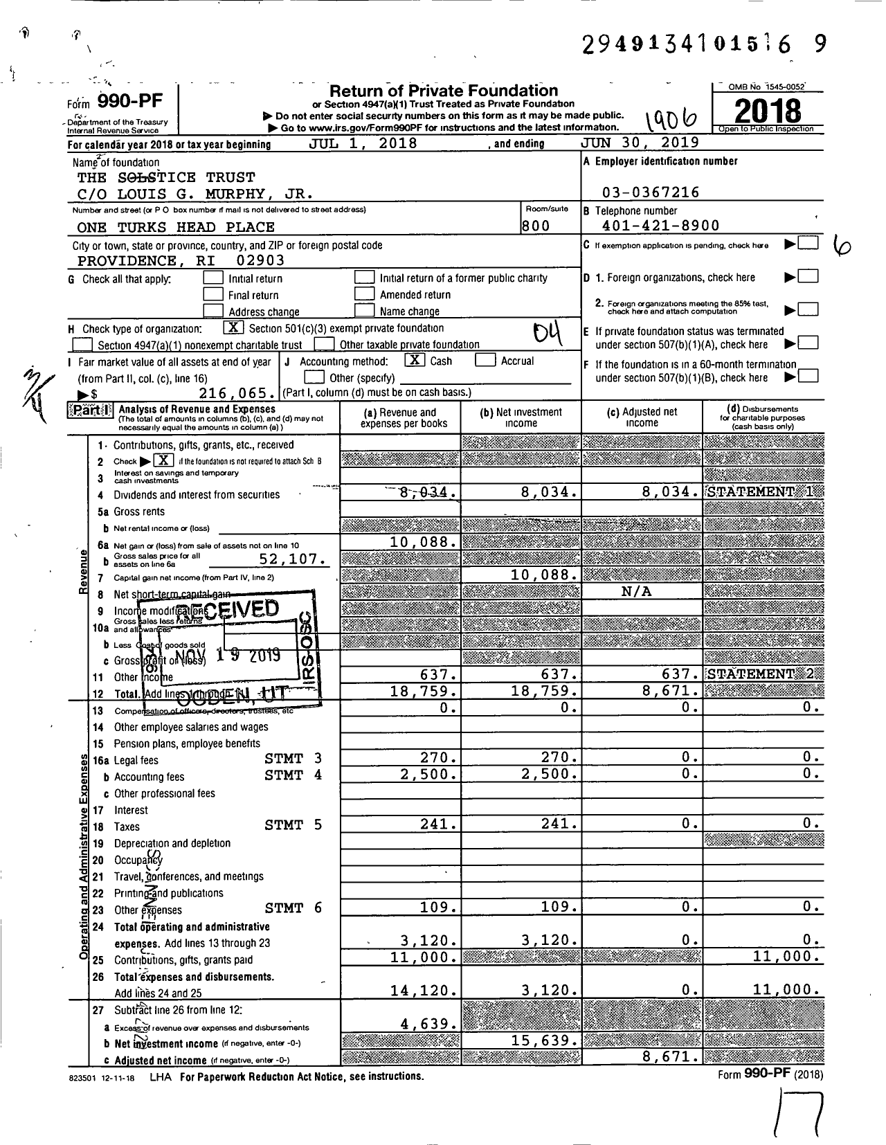 Image of first page of 2018 Form 990PF for The Solstice Trust