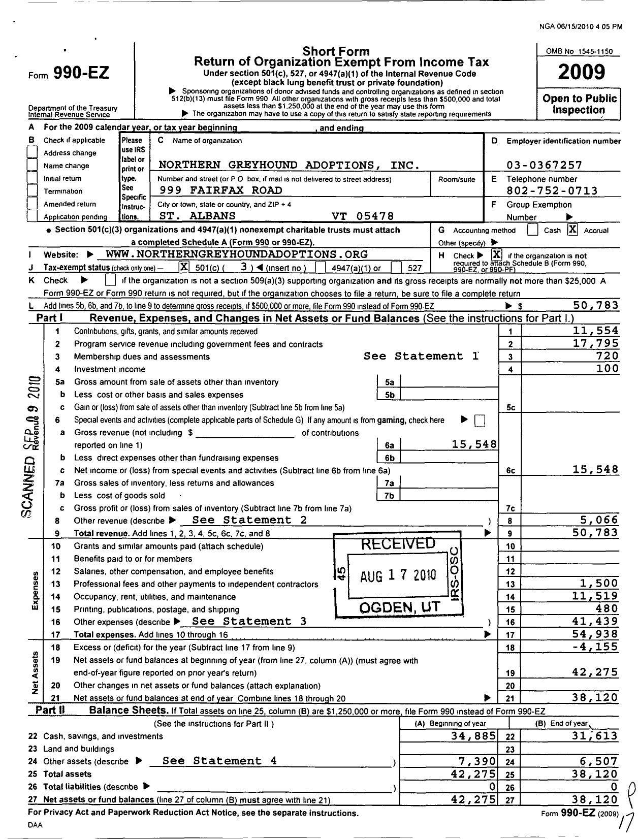 Image of first page of 2009 Form 990EZ for Northern Greyhound Adoptions