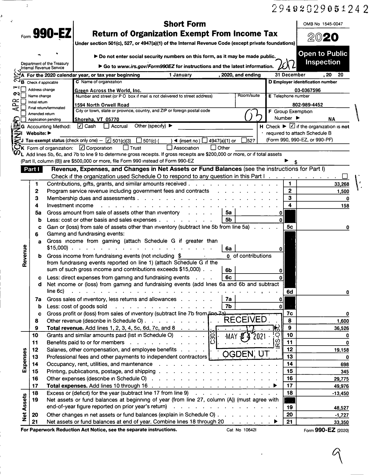 Image of first page of 2020 Form 990EZ for Green Across the World