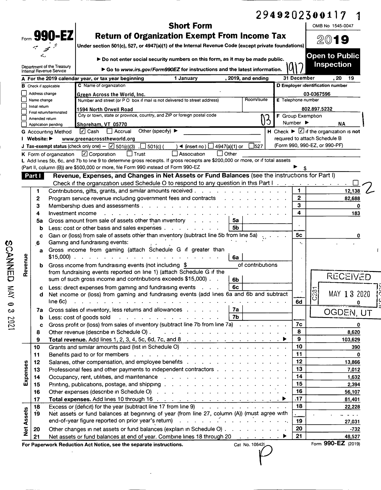 Image of first page of 2019 Form 990EZ for Green Across the World