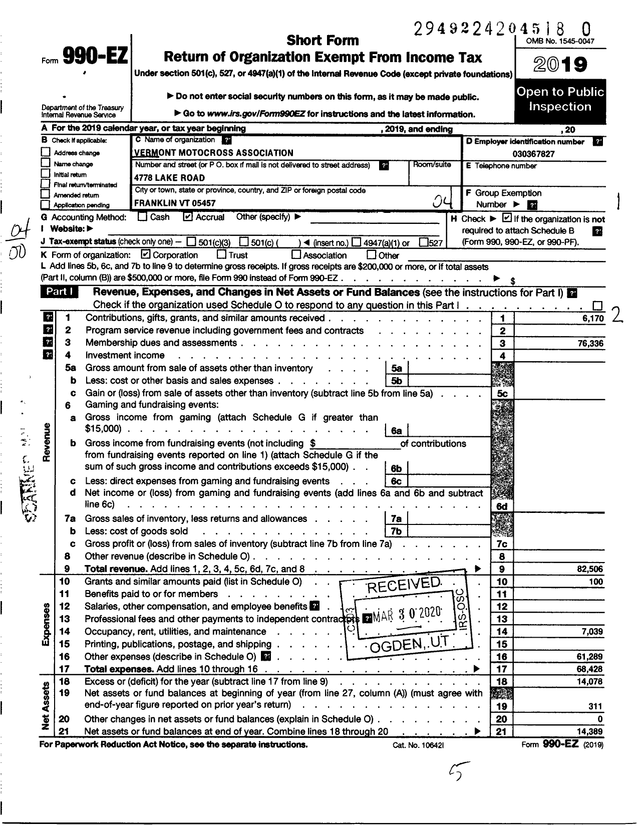 Image of first page of 2019 Form 990EO for Vermont Motorcross Association