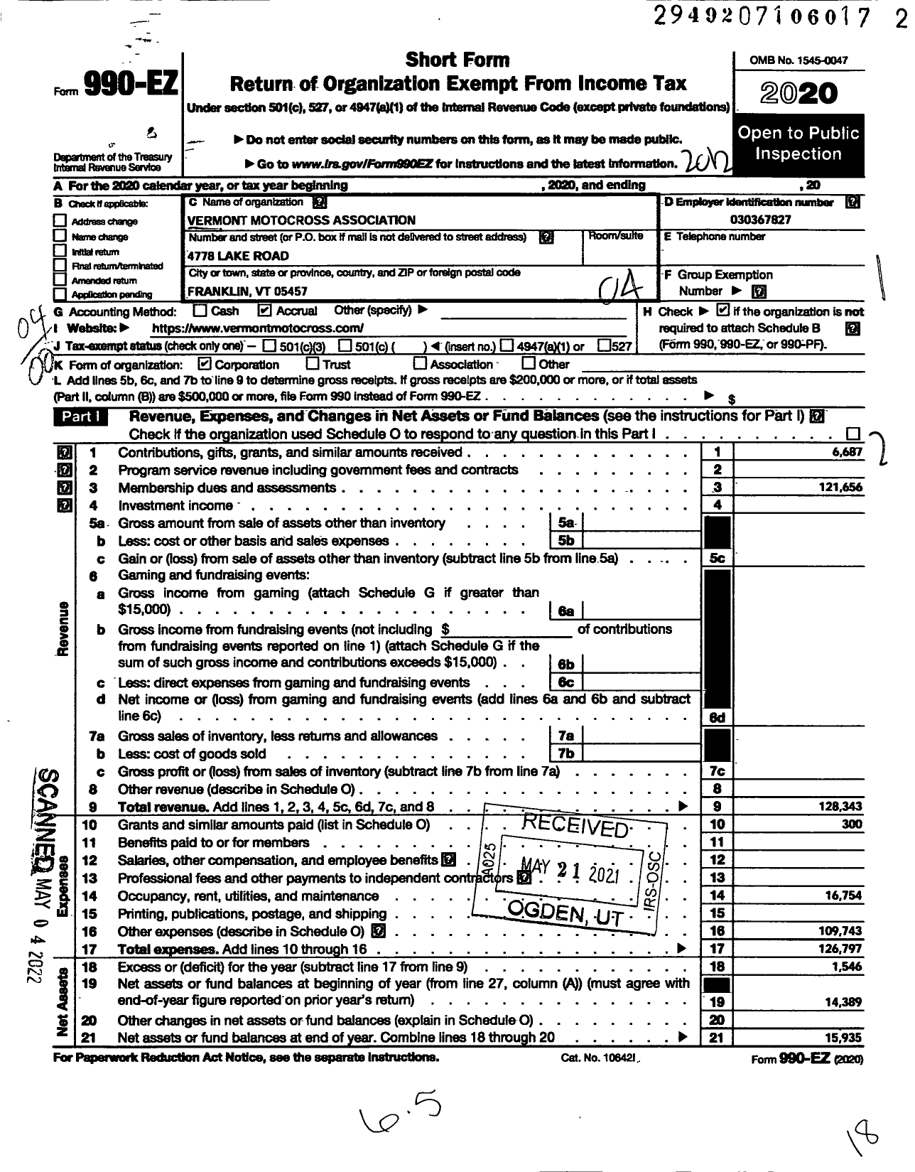 Image of first page of 2020 Form 990EO for Vermont Motorcross Association