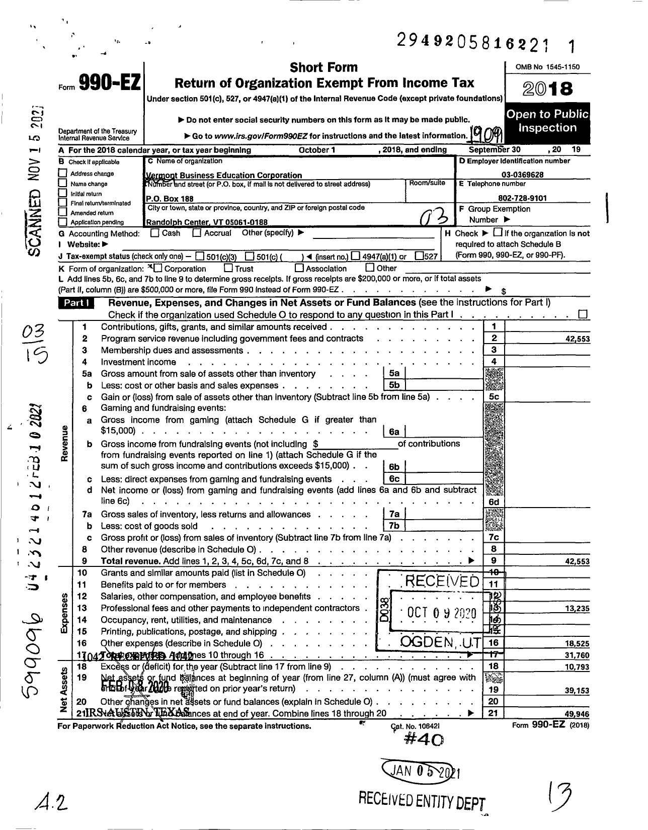 Image of first page of 2018 Form 990EZ for Vermont Business Education Corporation