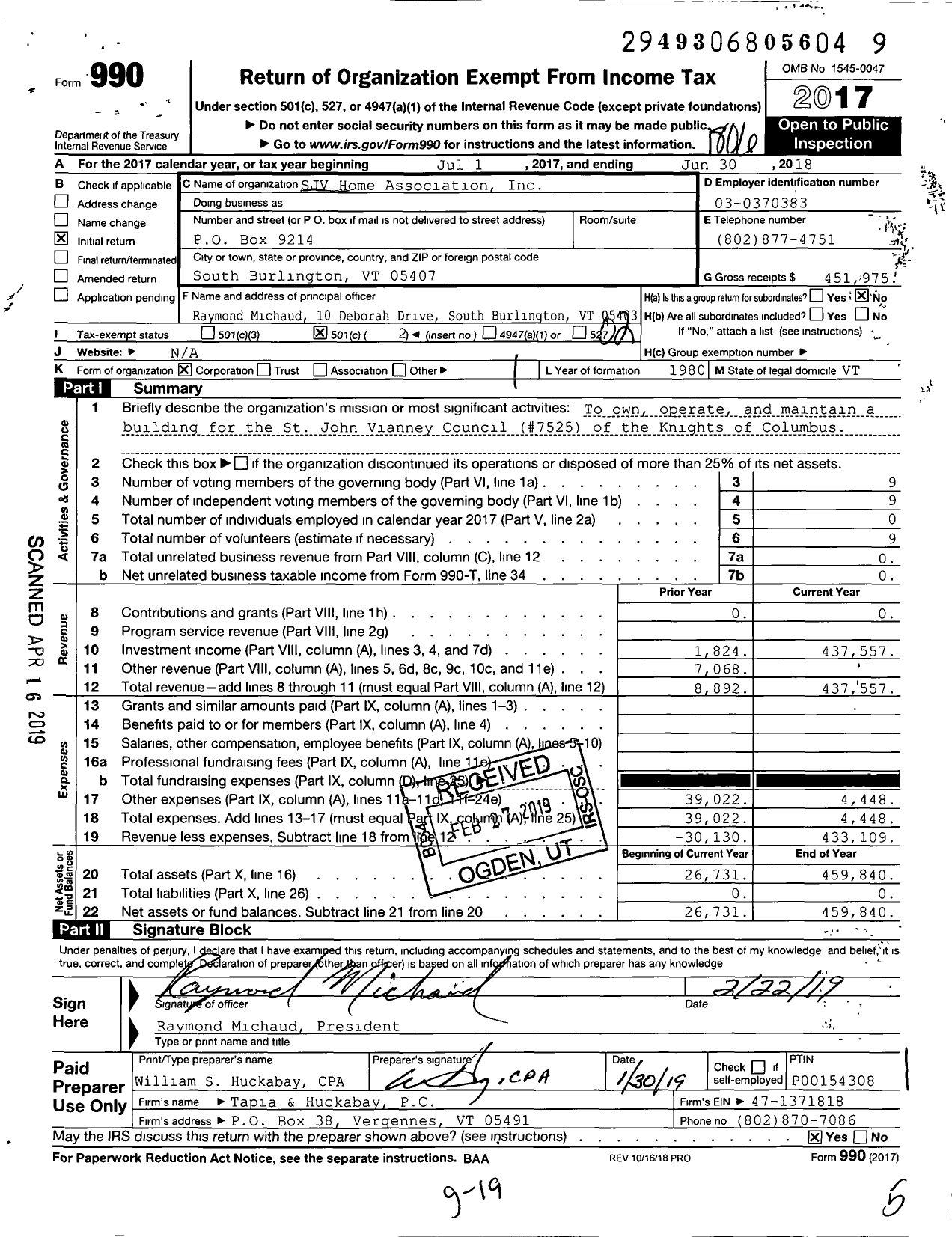 Image of first page of 2017 Form 990O for SJV Home Association