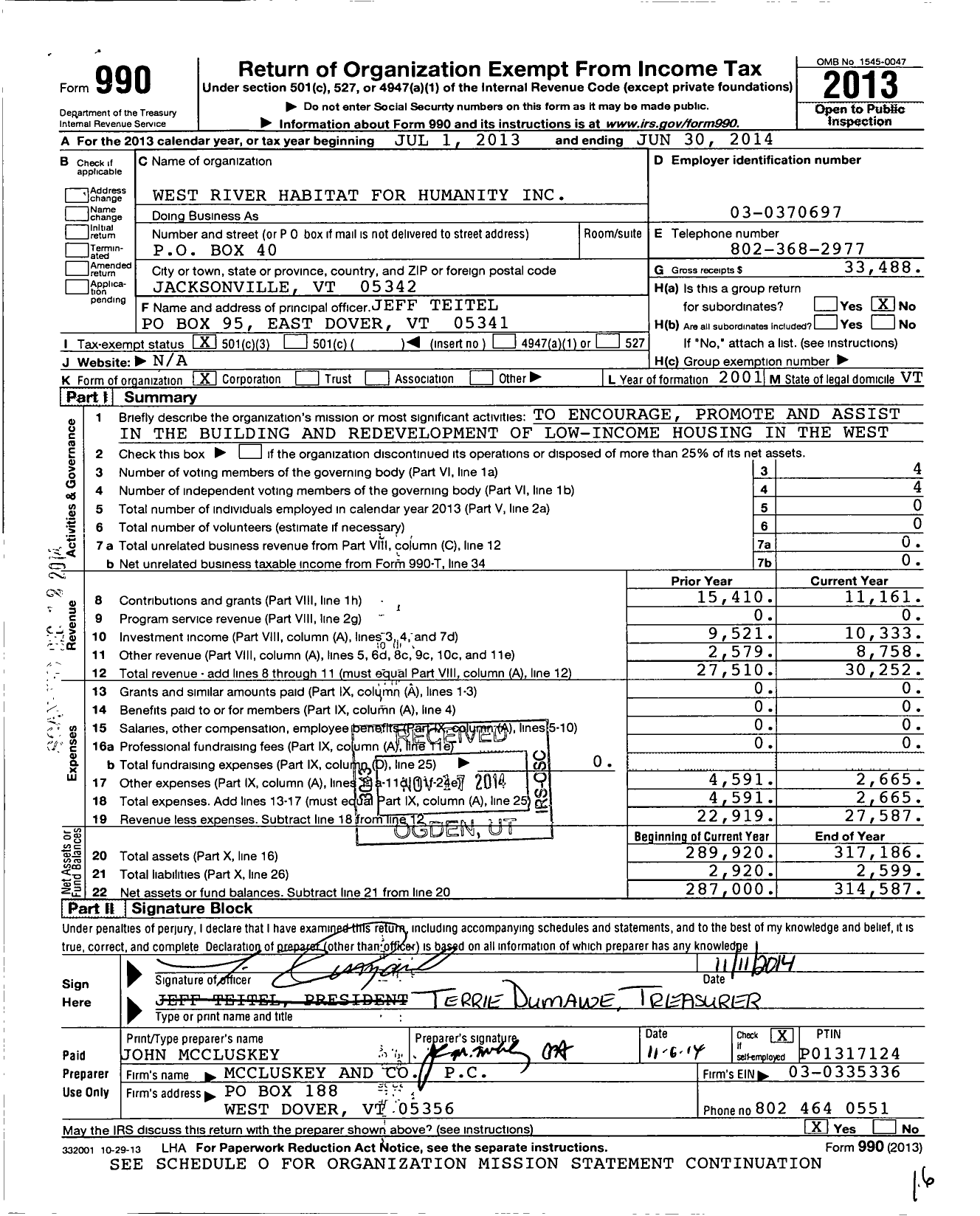 Image of first page of 2013 Form 990 for West River Habitat for Humanity