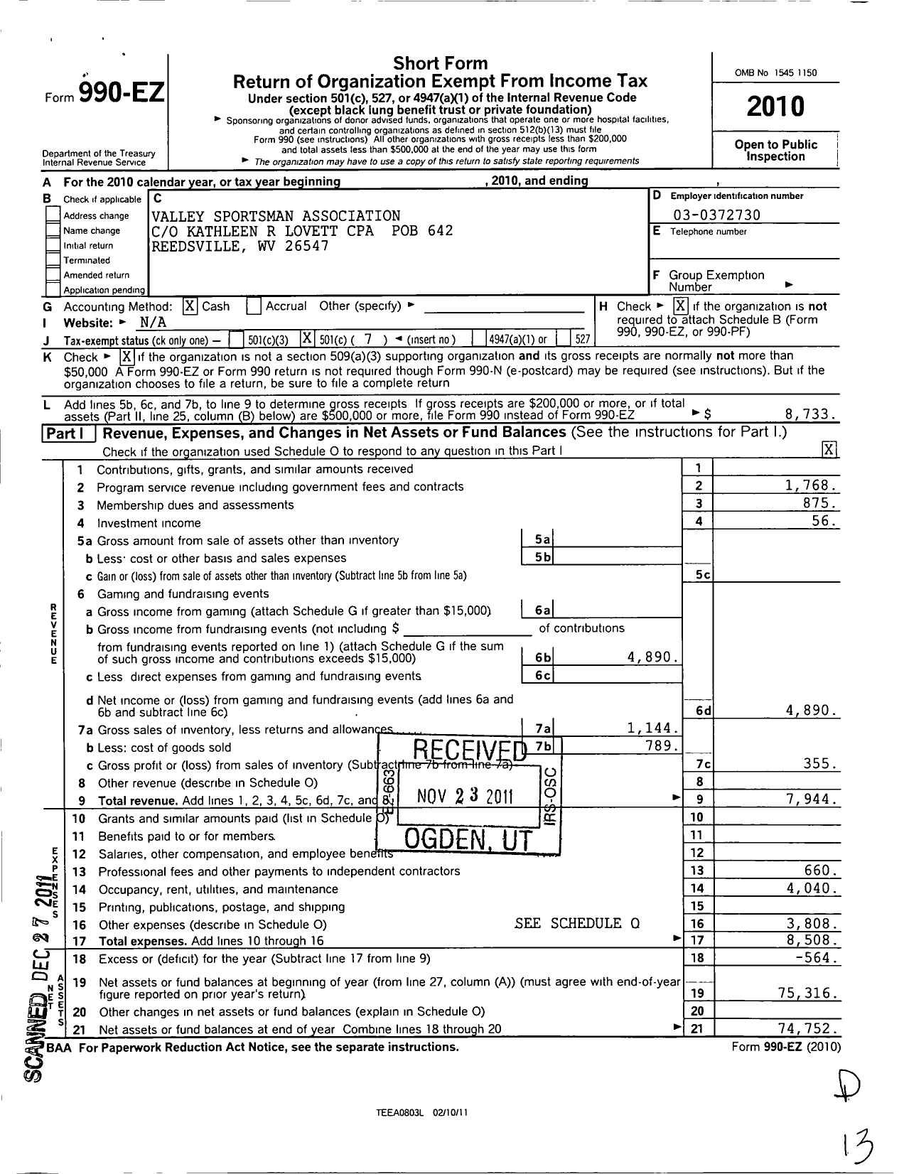 Image of first page of 2010 Form 990EO for Valley Sportsman Association