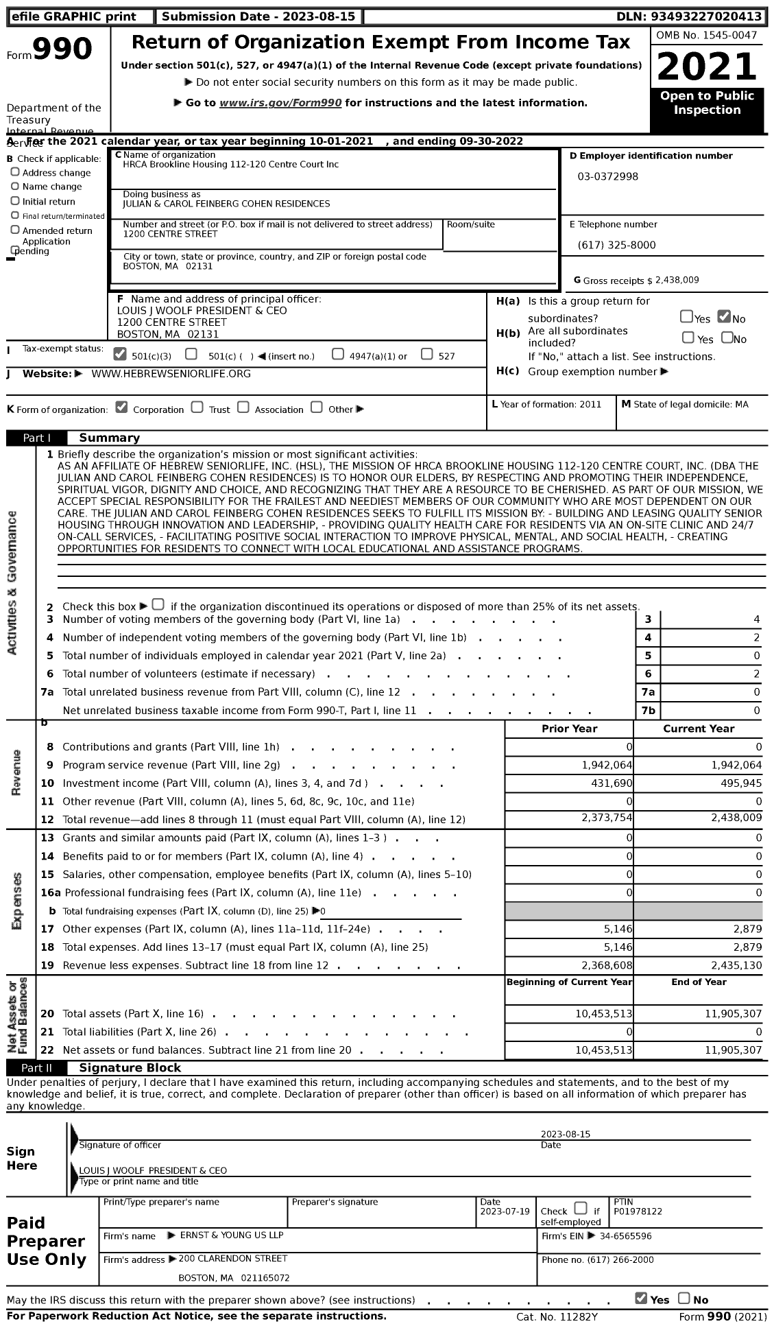 Image of first page of 2021 Form 990 for Julian & Carol Feinberg Cohen Residences