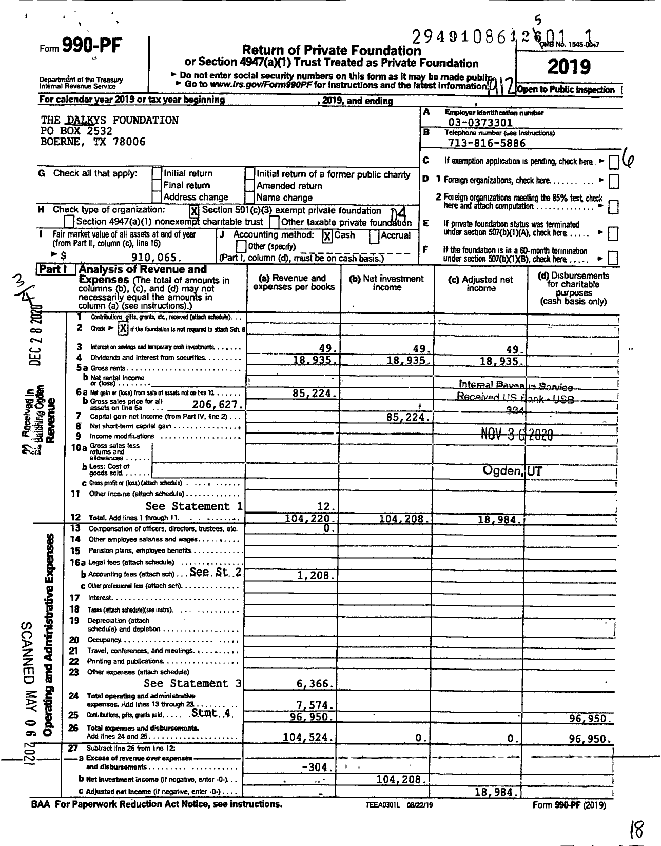 Image of first page of 2019 Form 990PF for The Dalkys Foundation