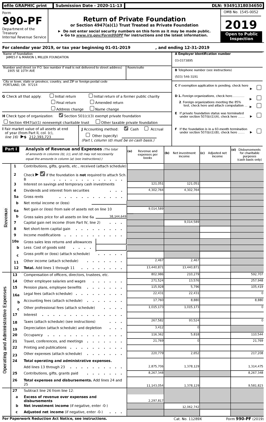 Image of first page of 2019 Form 990PF for James F and Marion L Miller Foundation