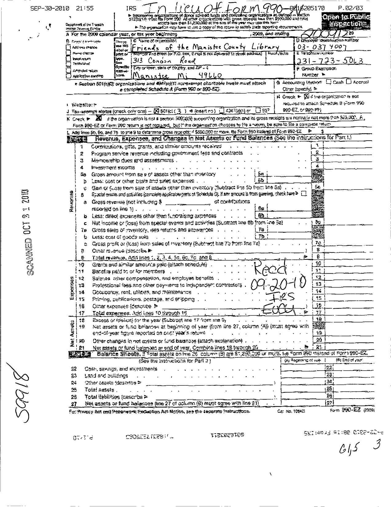 Image of first page of 2009 Form 990EZ for Friends of the Manistee Library