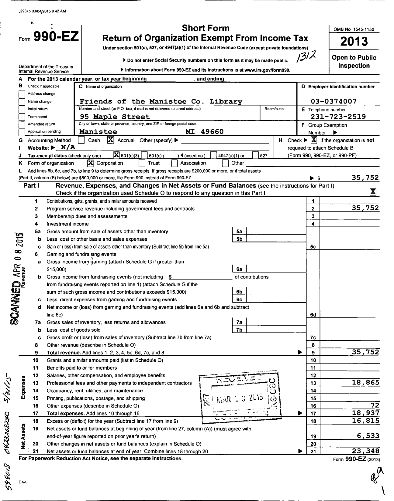 Image of first page of 2013 Form 990EZ for Friends of the Manistee Library