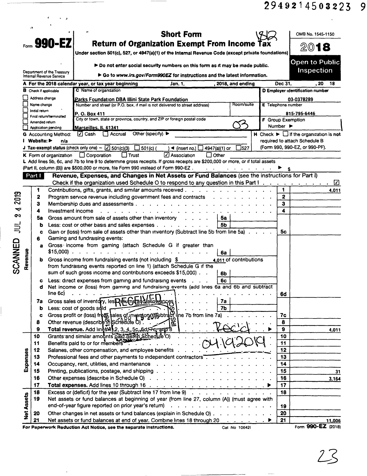 Image of first page of 2018 Form 990EZ for Parks Foundation