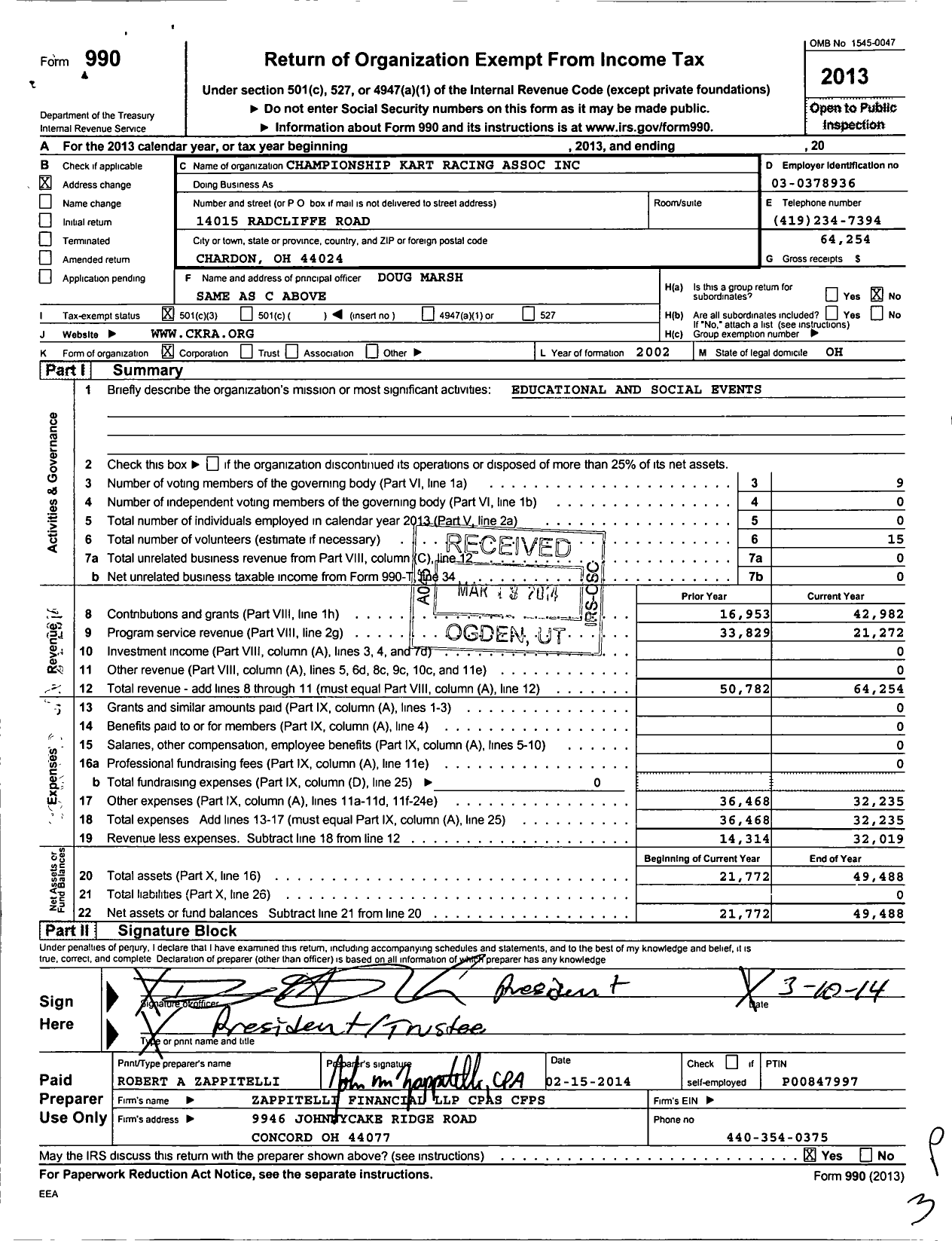 Image of first page of 2013 Form 990 for Championship Kart Racing Association