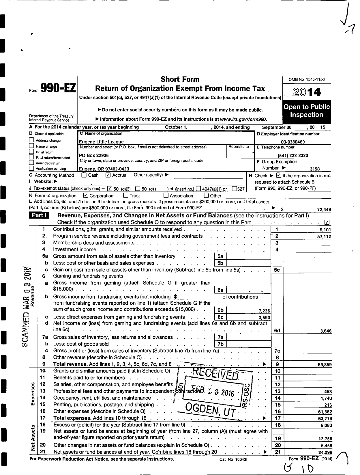 Image of first page of 2014 Form 990EZ for Little League Baseball - 128388 Eugene LL