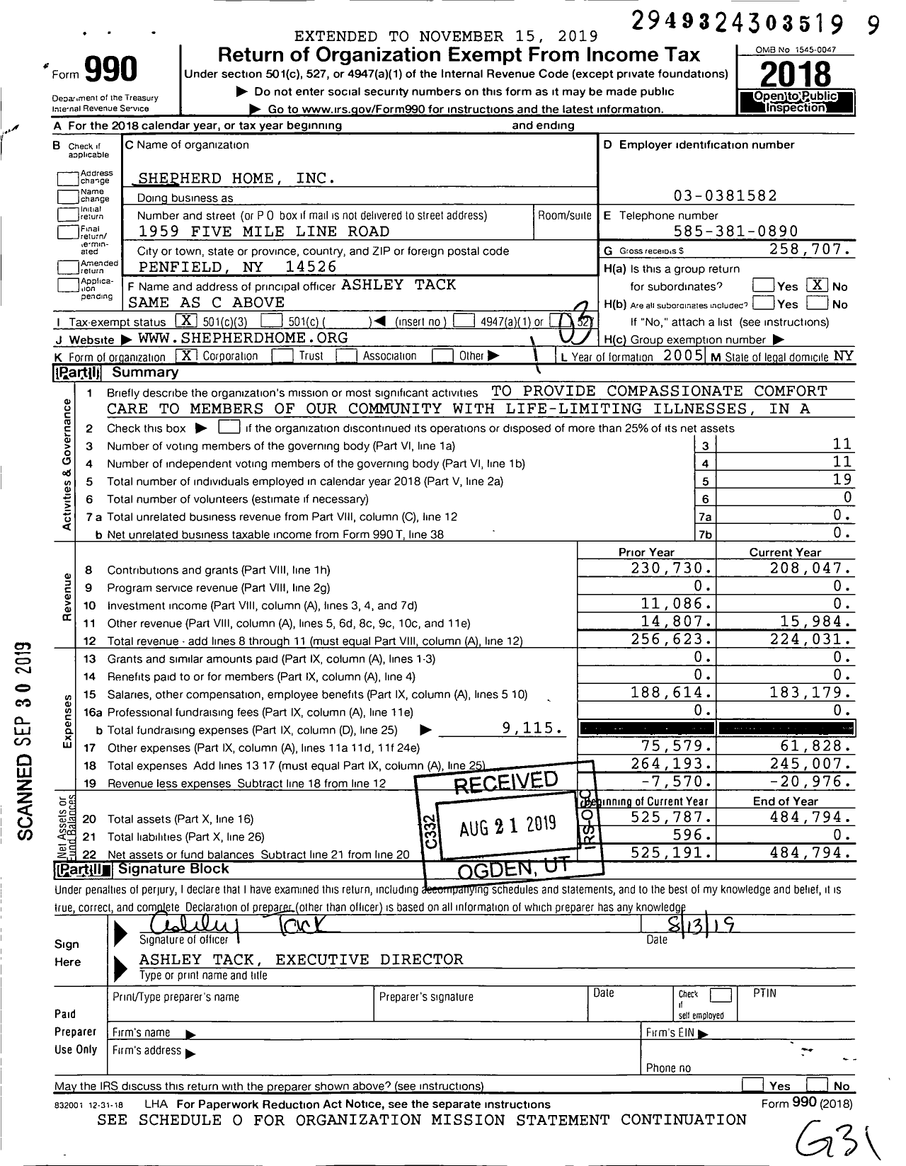 Image of first page of 2018 Form 990 for Shepherd Home