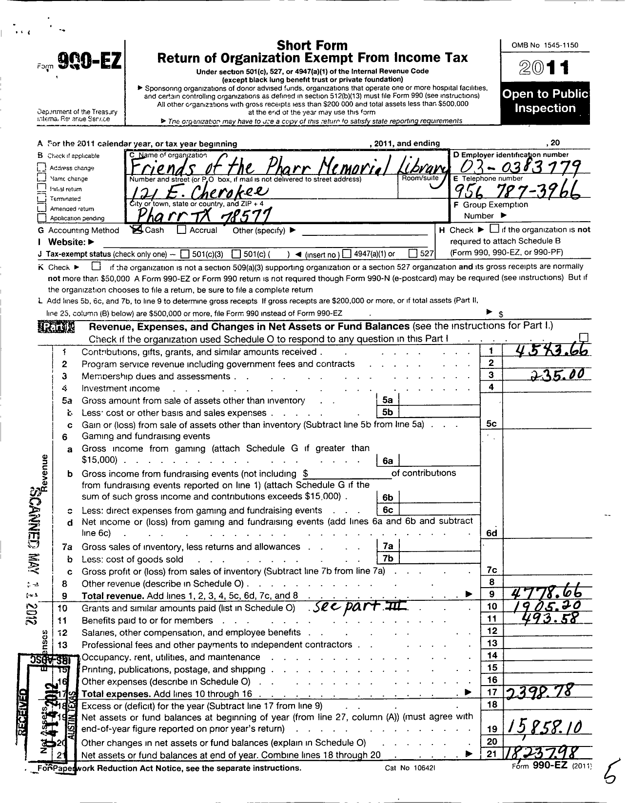Image of first page of 2011 Form 990EO for Friends of Pharr Memorial Library