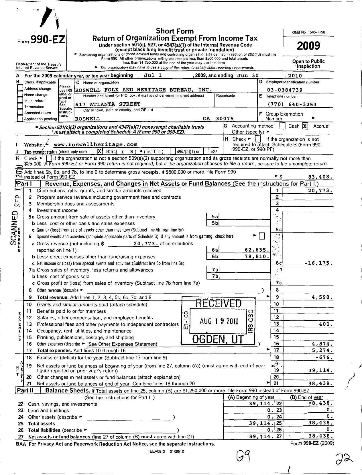 Image of first page of 2009 Form 990EZ for Roswell Folk and Heritage Bureau