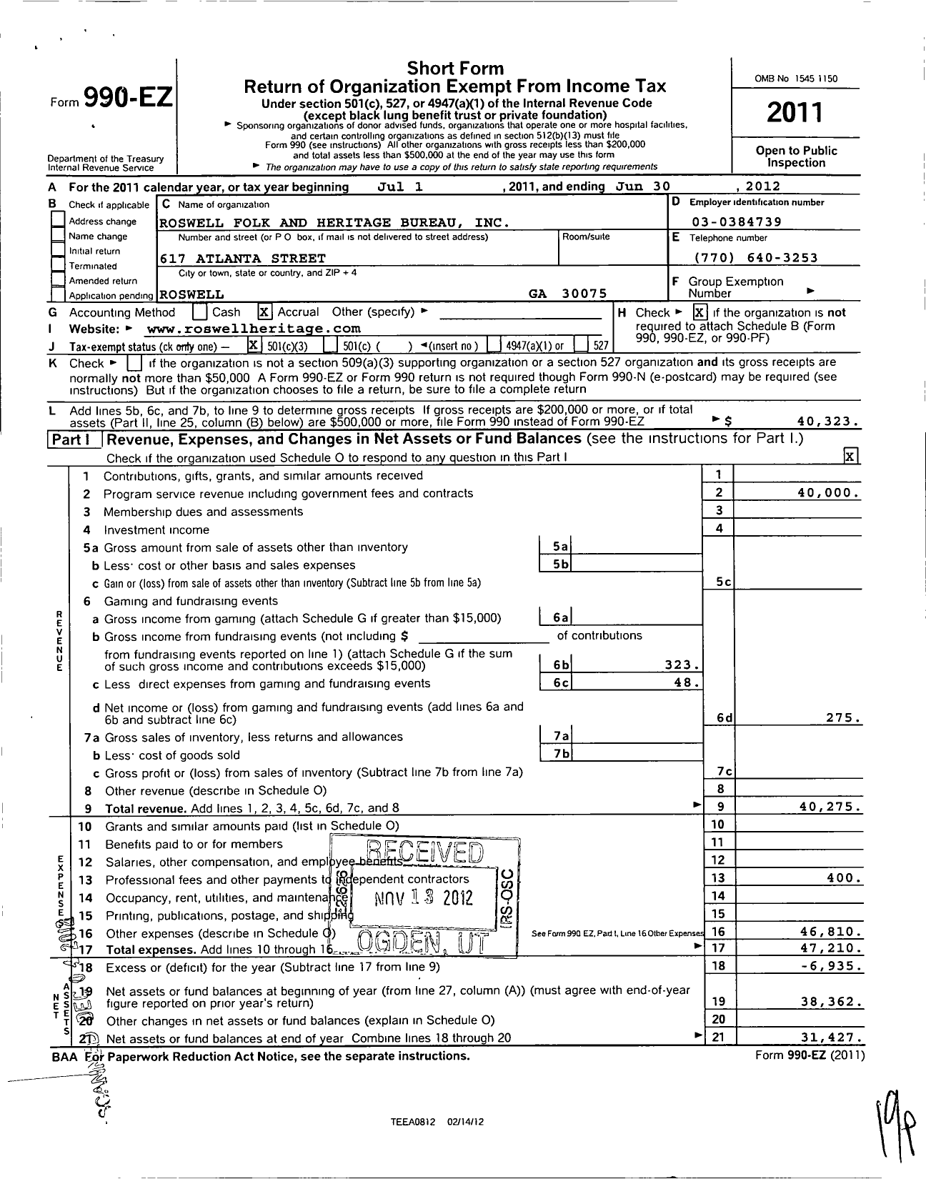 Image of first page of 2011 Form 990EZ for Roswell Folk and Heritage Bureau