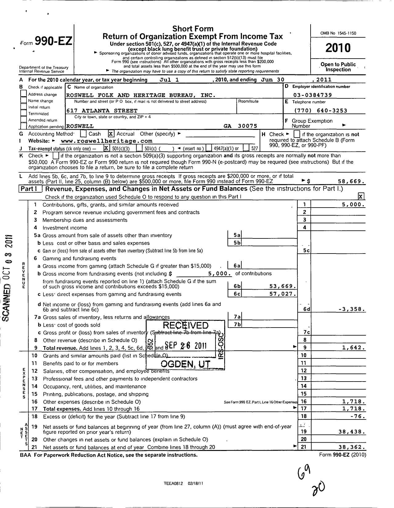 Image of first page of 2010 Form 990EZ for Roswell Folk and Heritage Bureau