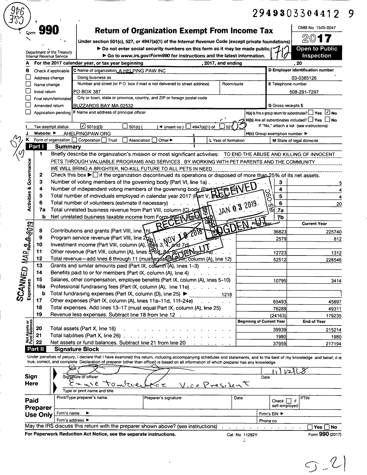 Image of first page of 2017 Form 990 for A Helpng Paw