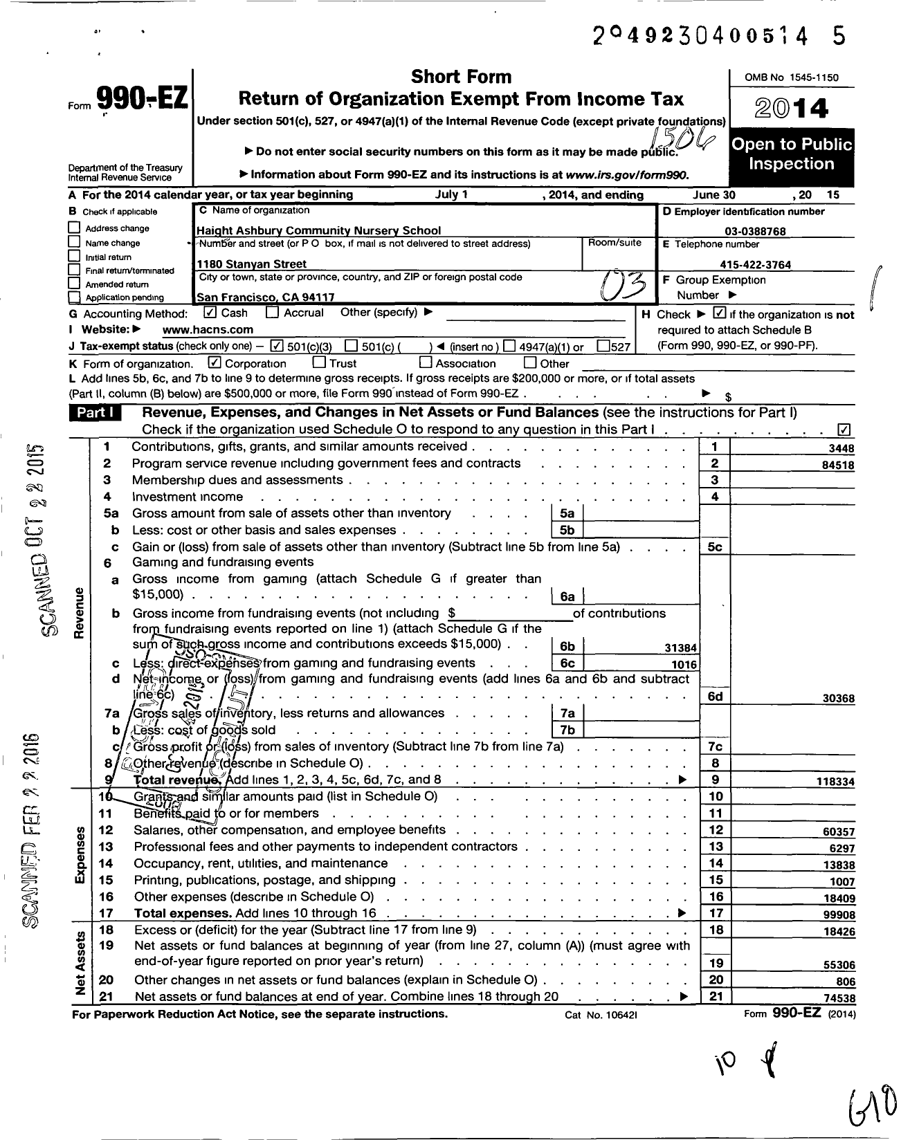 Image of first page of 2014 Form 990EZ for Haight Ashbury Nursery School