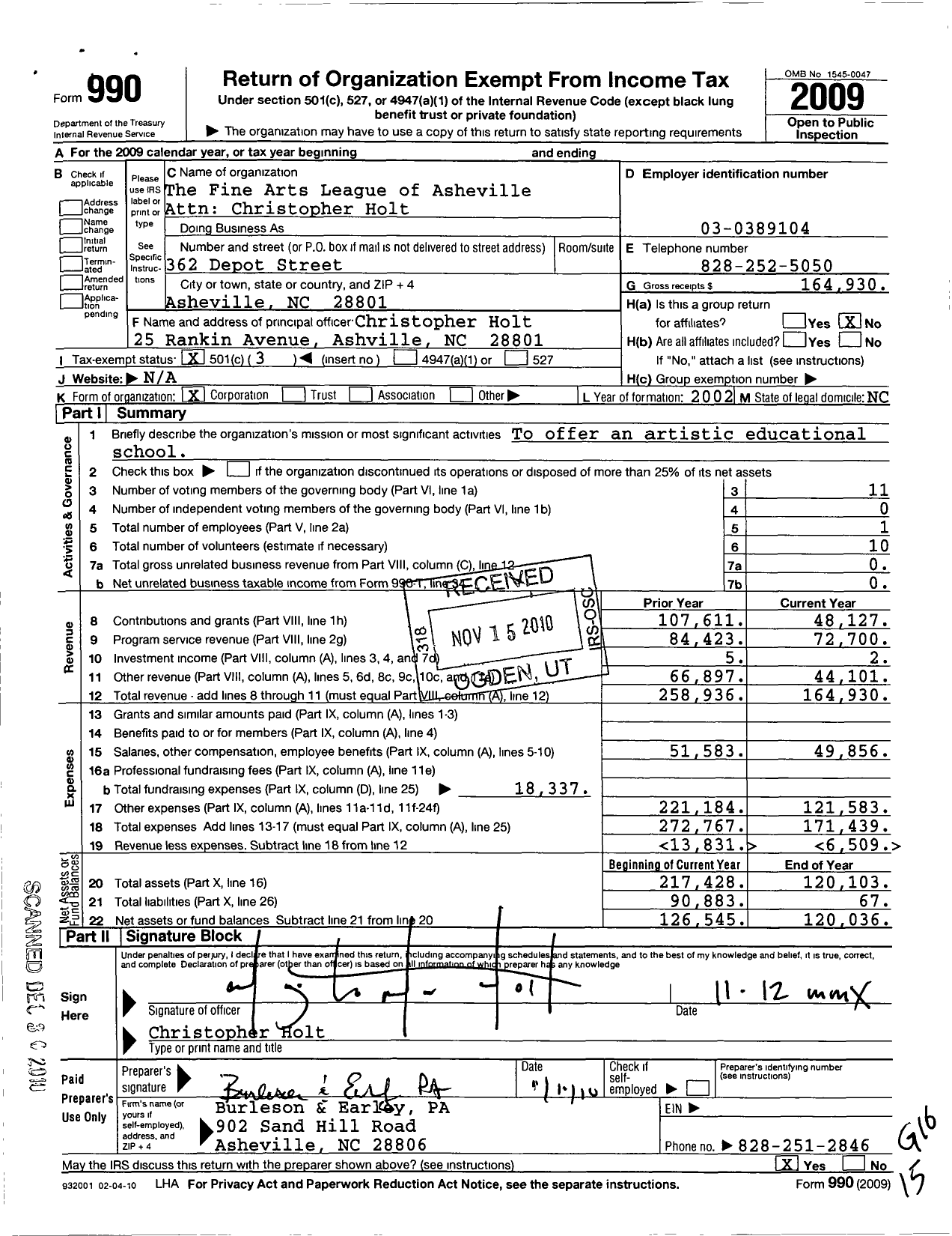 Image of first page of 2009 Form 990 for Fine Arts League of Asheville