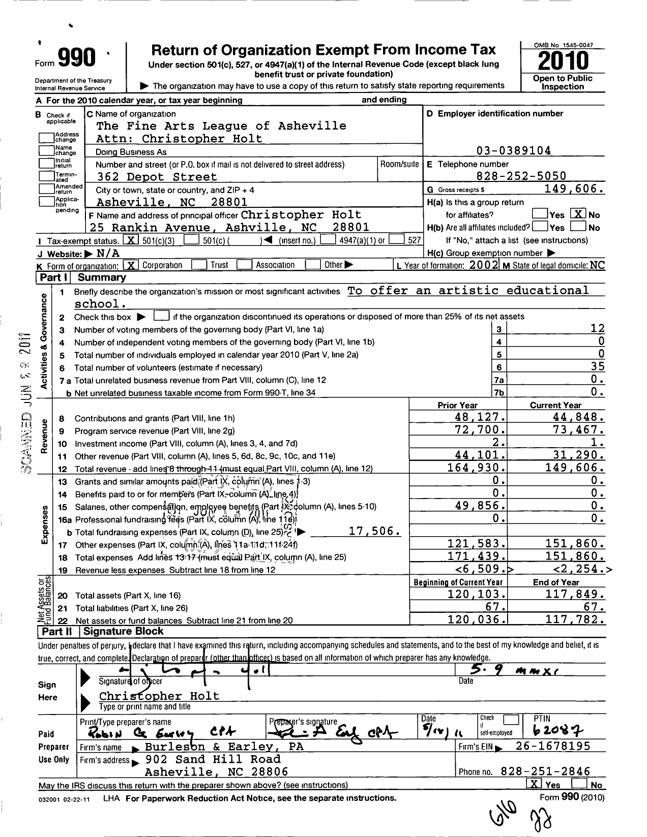 Image of first page of 2010 Form 990 for Fine Arts League of Asheville