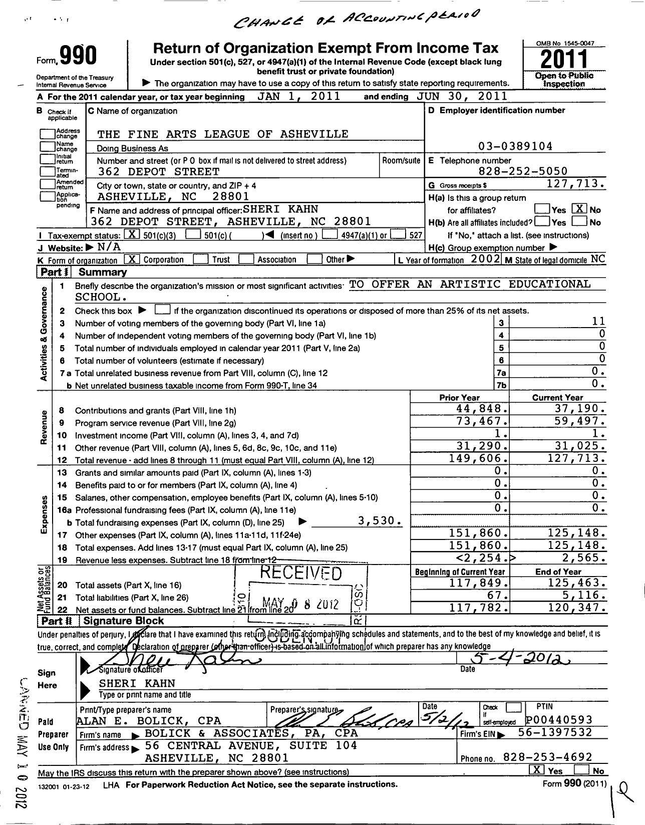 Image of first page of 2010 Form 990 for Fine Arts League of Asheville