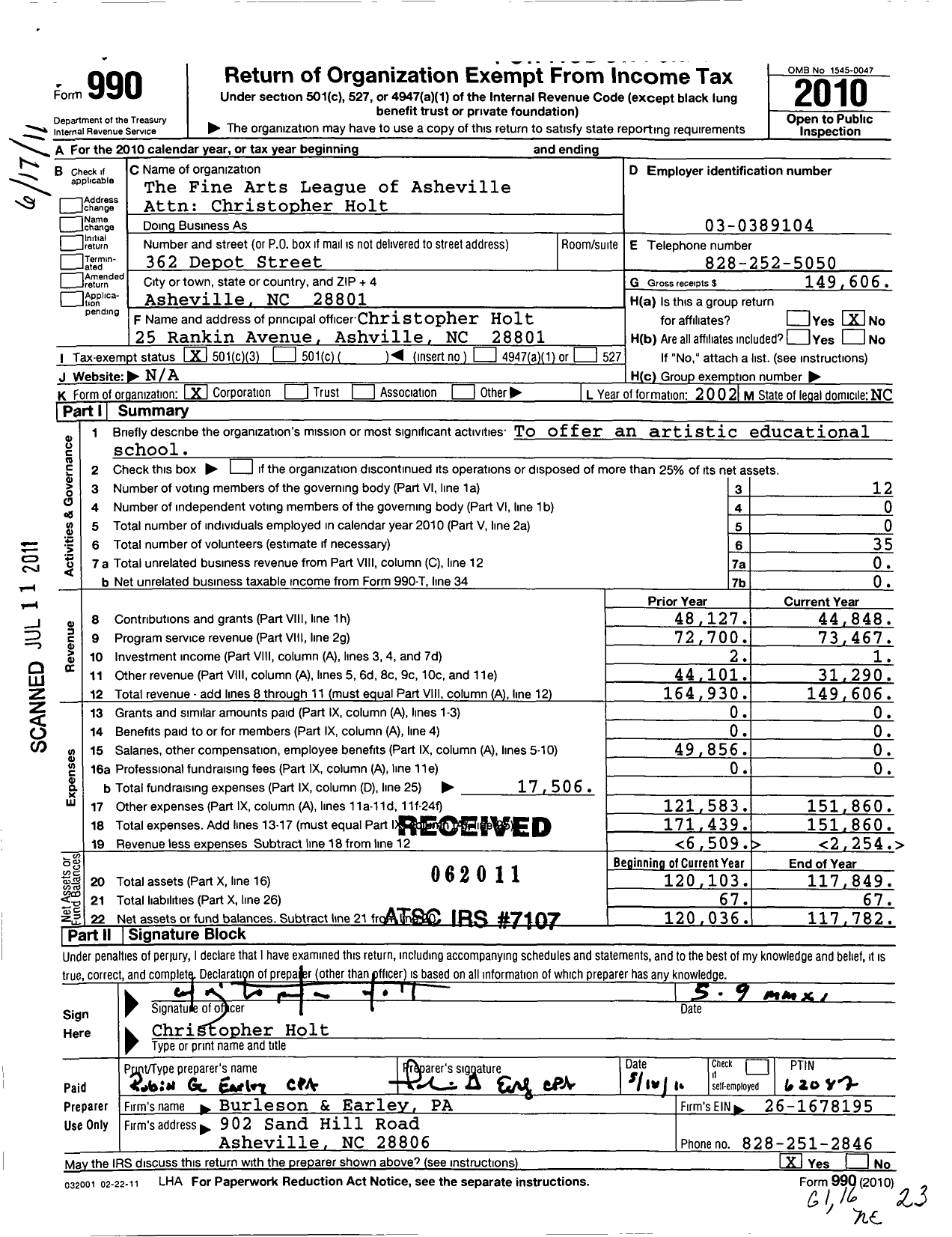 Image of first page of 2010 Form 990 for Fine Arts League of Asheville