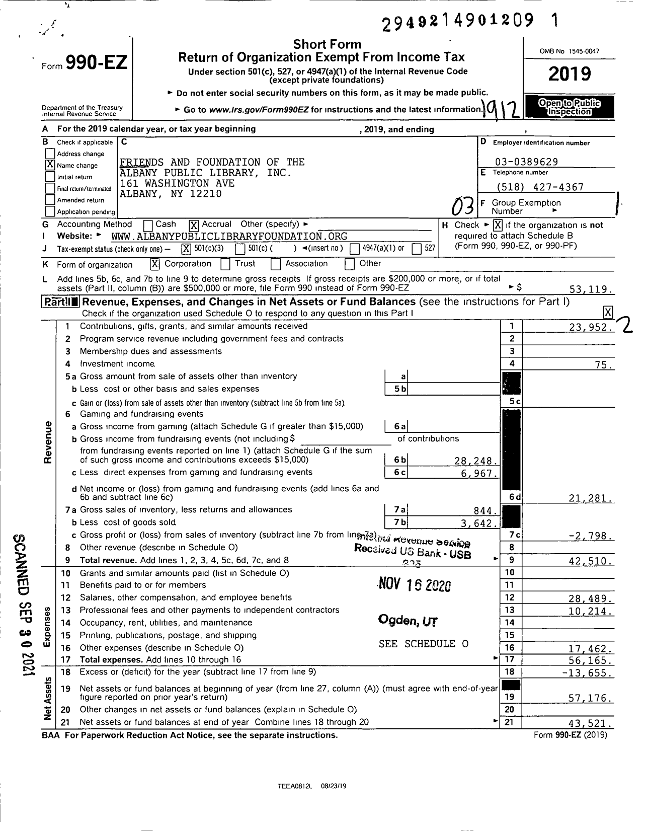 Image of first page of 2019 Form 990EZ for Albany Public Library Foundation