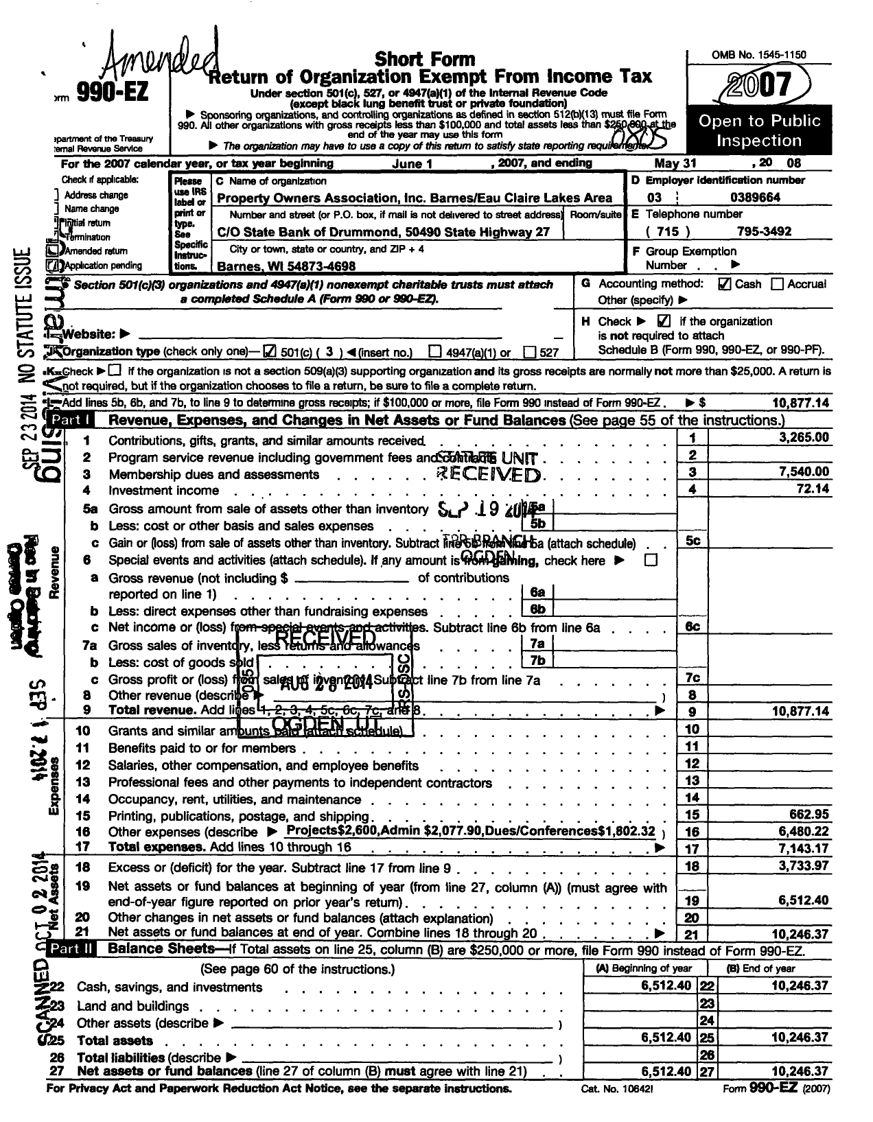 Image of first page of 2007 Form 990EZ for Property Owners Association Barnes / Eau Claire Lakes Area