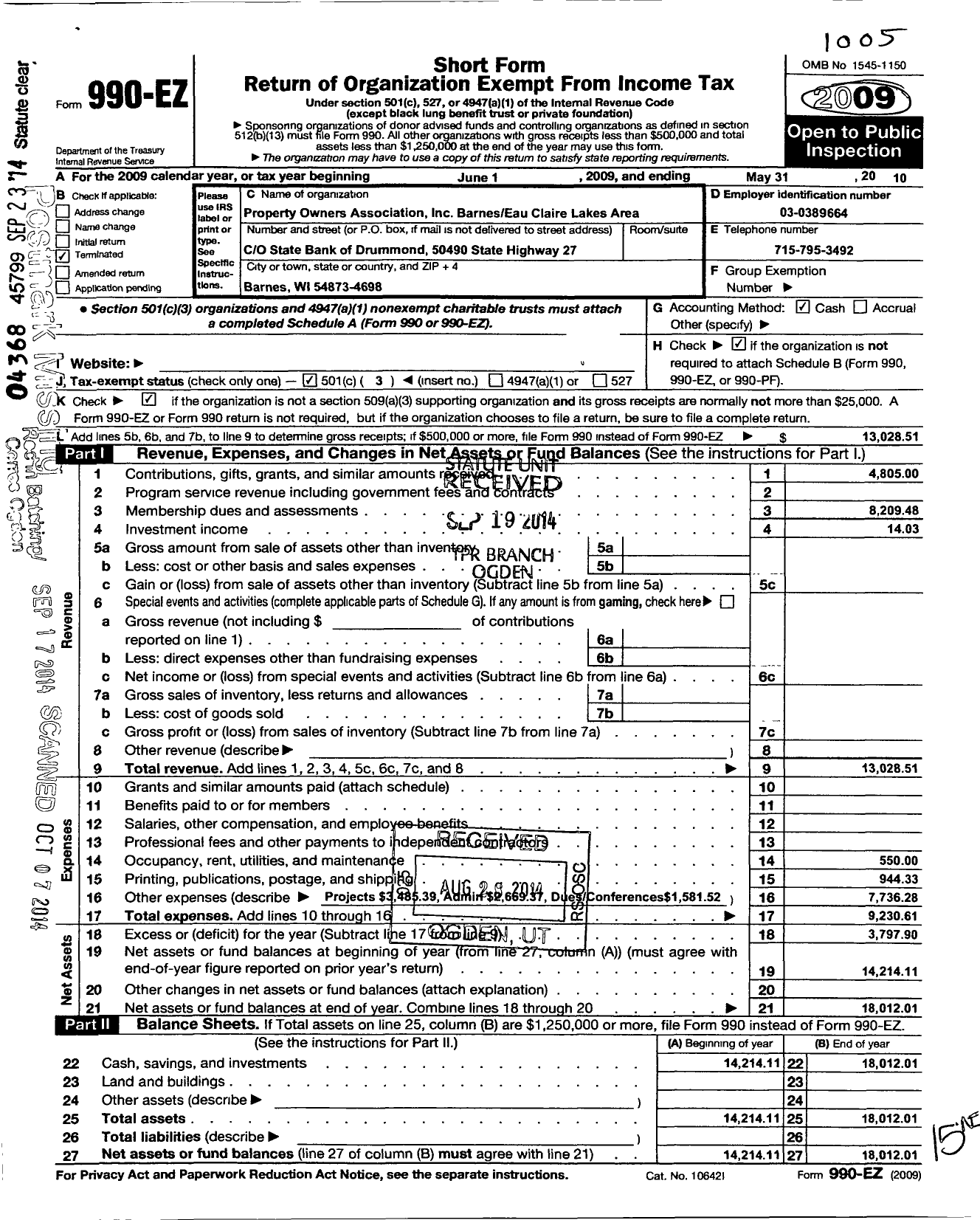 Image of first page of 2009 Form 990EZ for Property Owners Association Barnes / Eau Claire Lakes Area