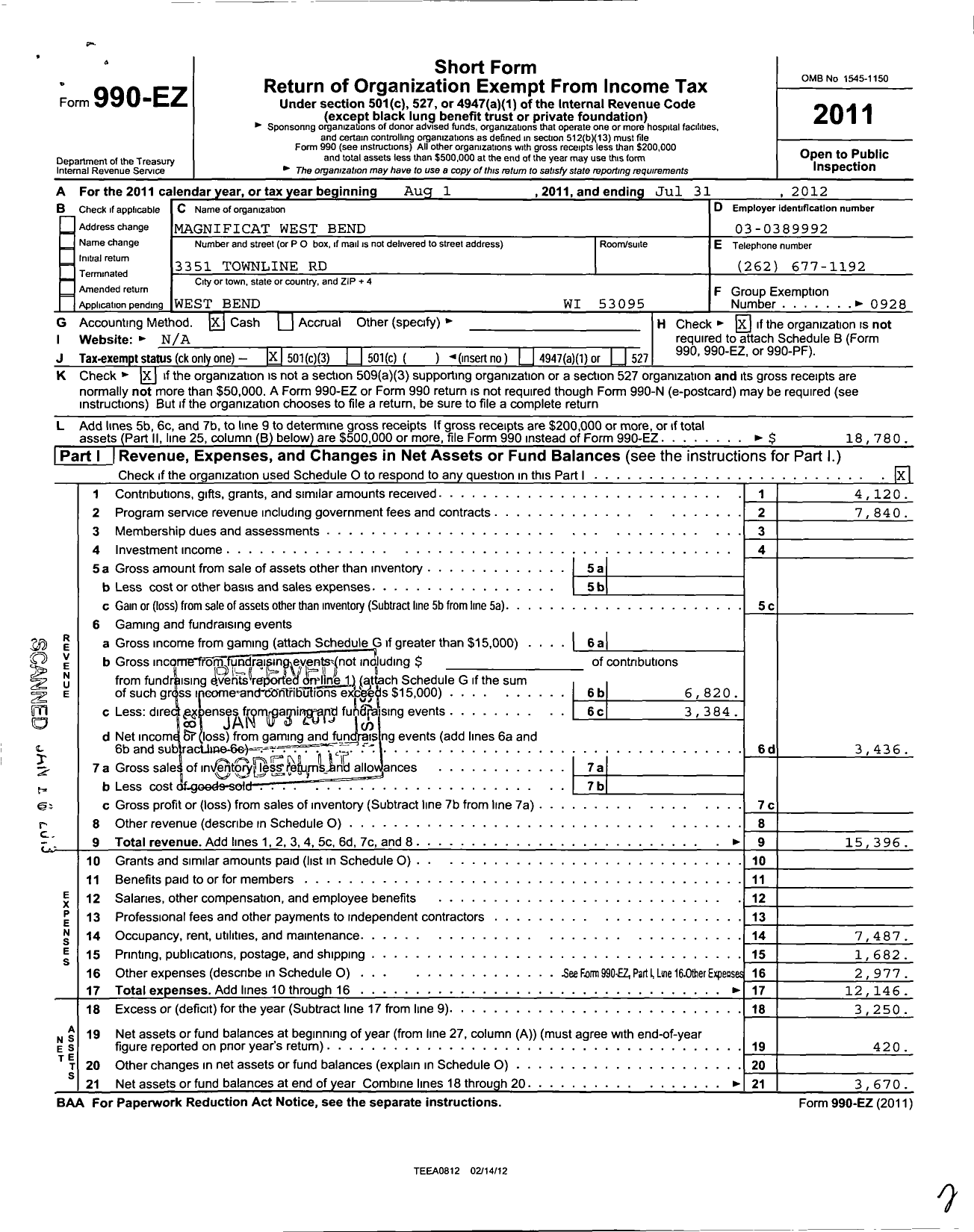 Image of first page of 2011 Form 990EZ for Magnificat-West Bend Chapter