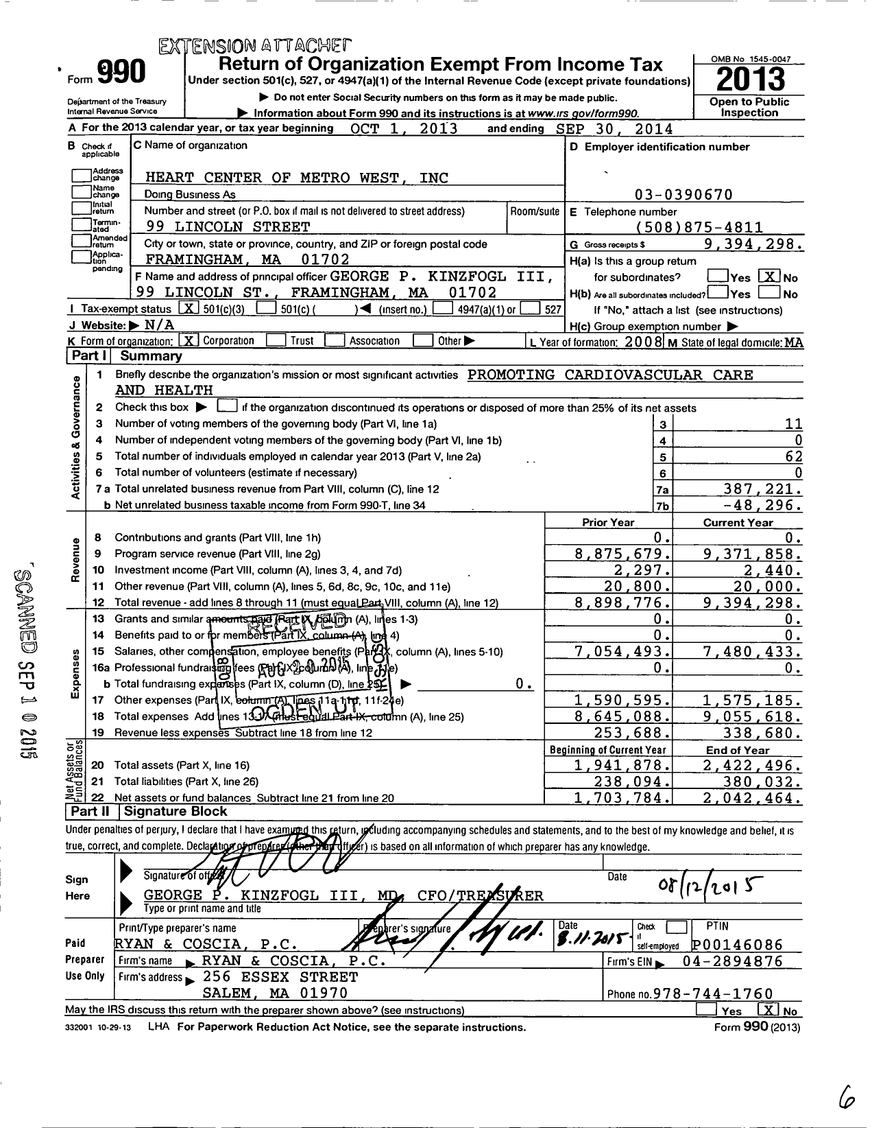 Image of first page of 2013 Form 990 for Heart Center of MetroWest (HCMW)