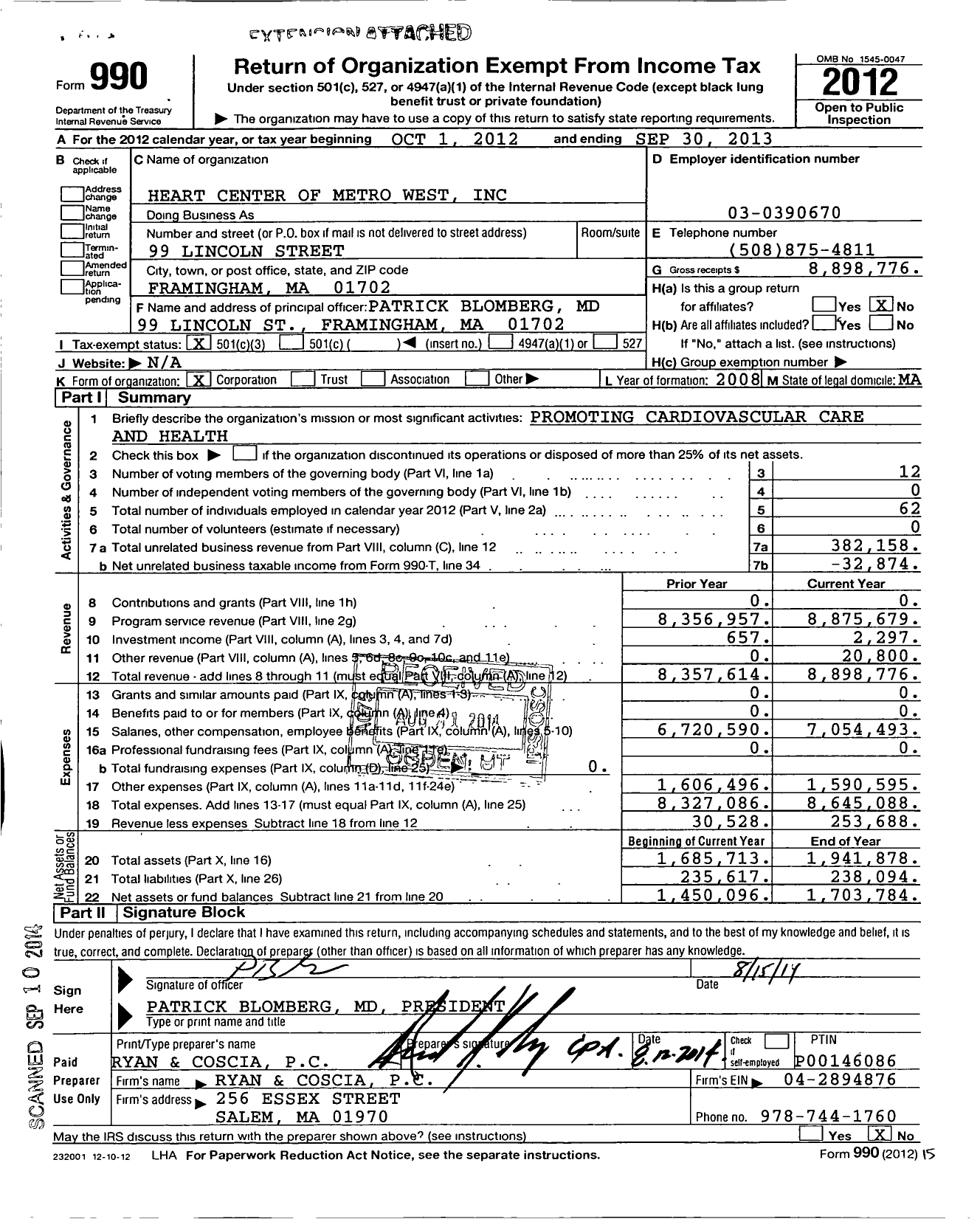 Image of first page of 2012 Form 990 for Heart Center of MetroWest (HCMW)