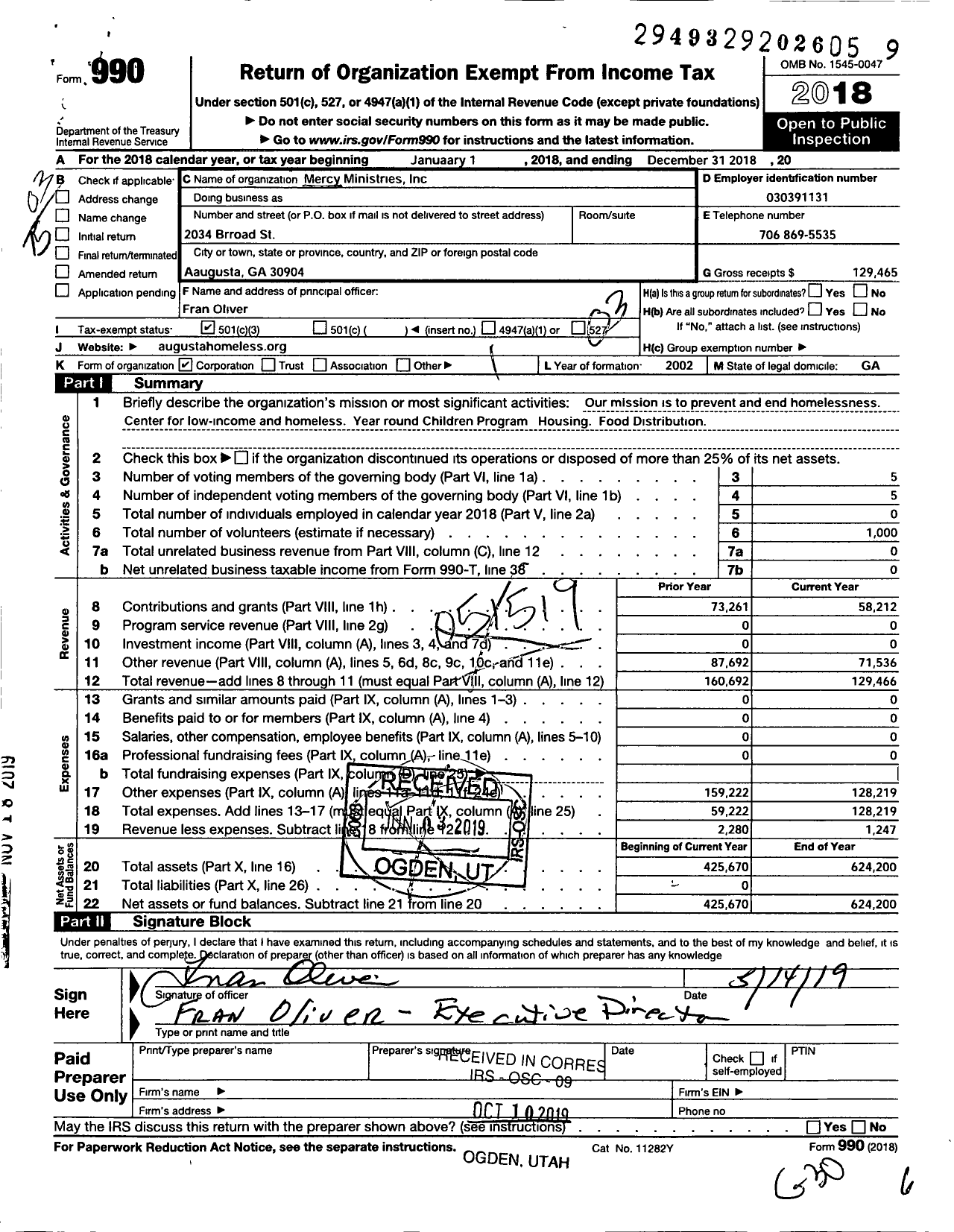 Image of first page of 2018 Form 990 for Mercy Ministries