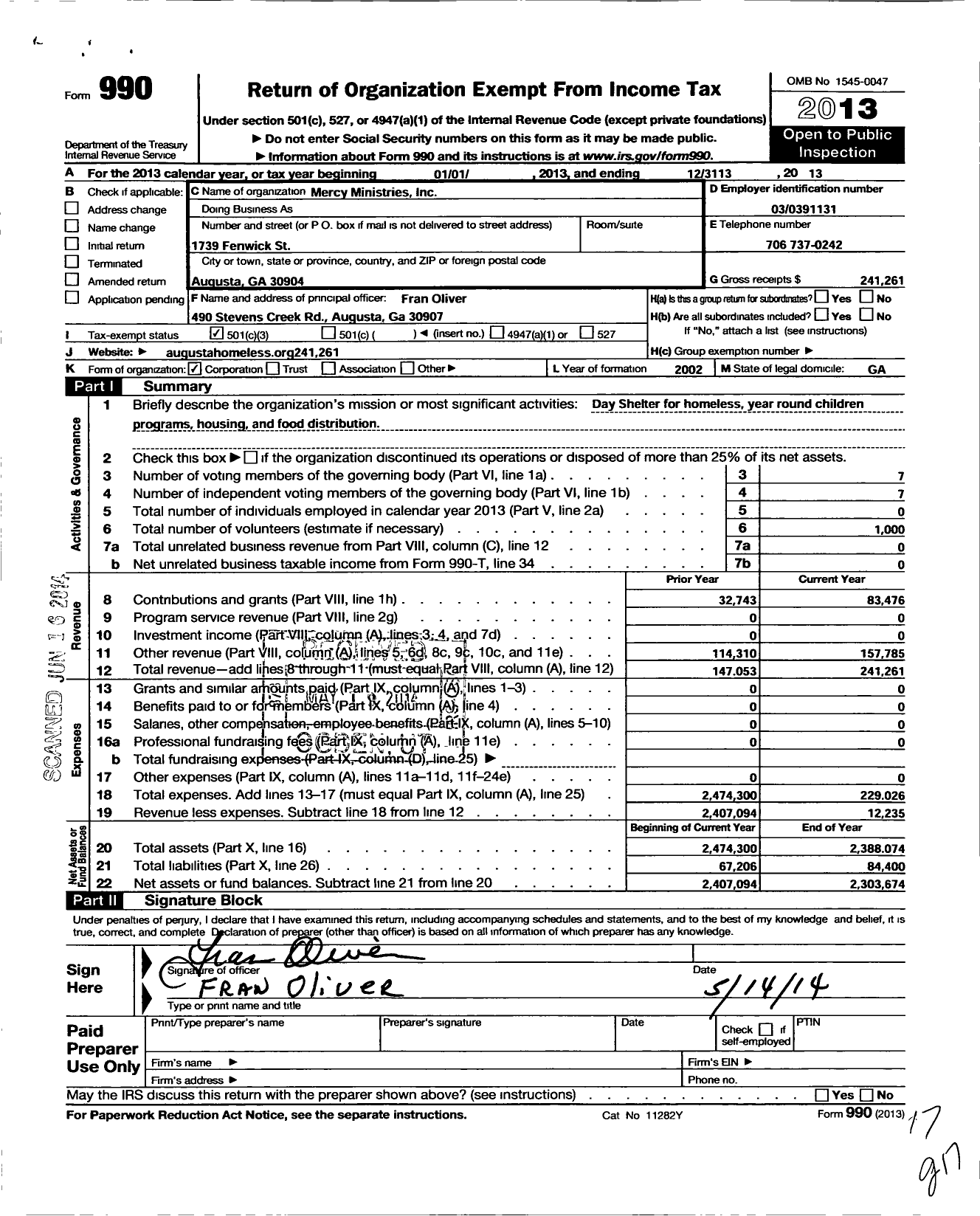 Image of first page of 2013 Form 990 for Mercy Ministries